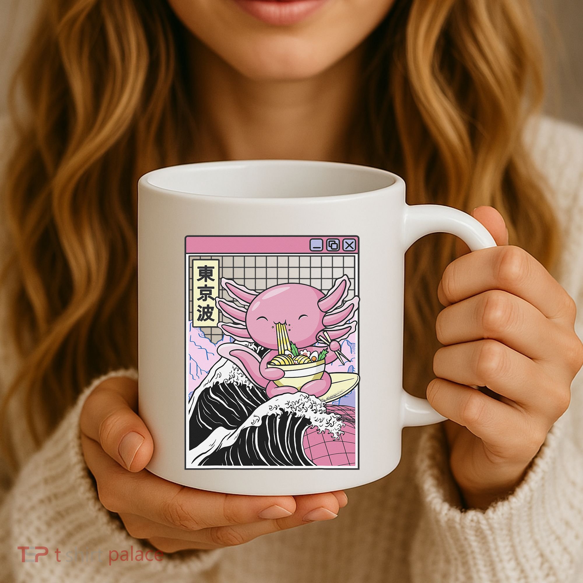Axolotl Eating Ra Kanagawa Wave Kawaii Japan Vaporwave  Coffee Mug
