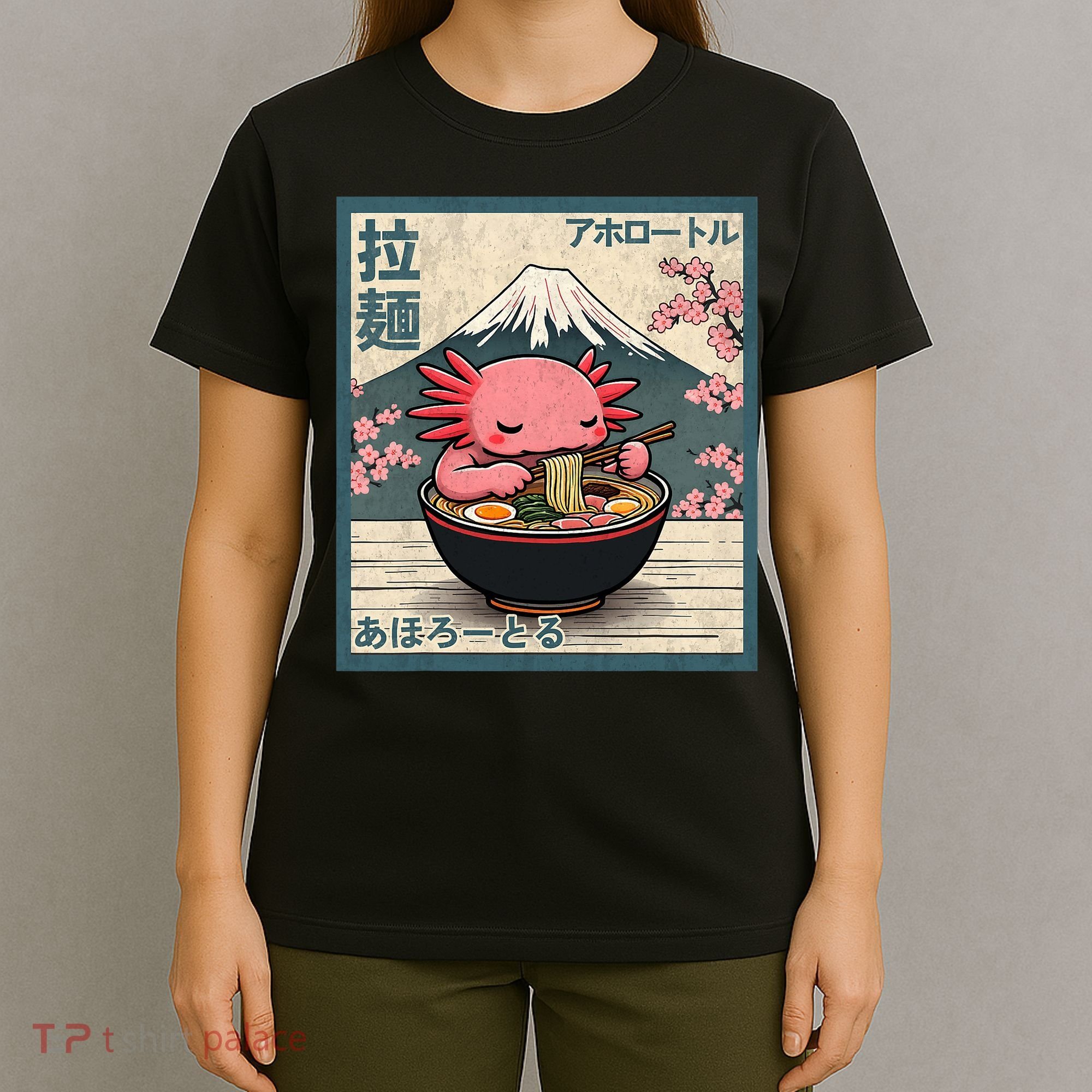 Axolotl Eating Ramen Retro Japanese Kawaii Anime T-Shirt