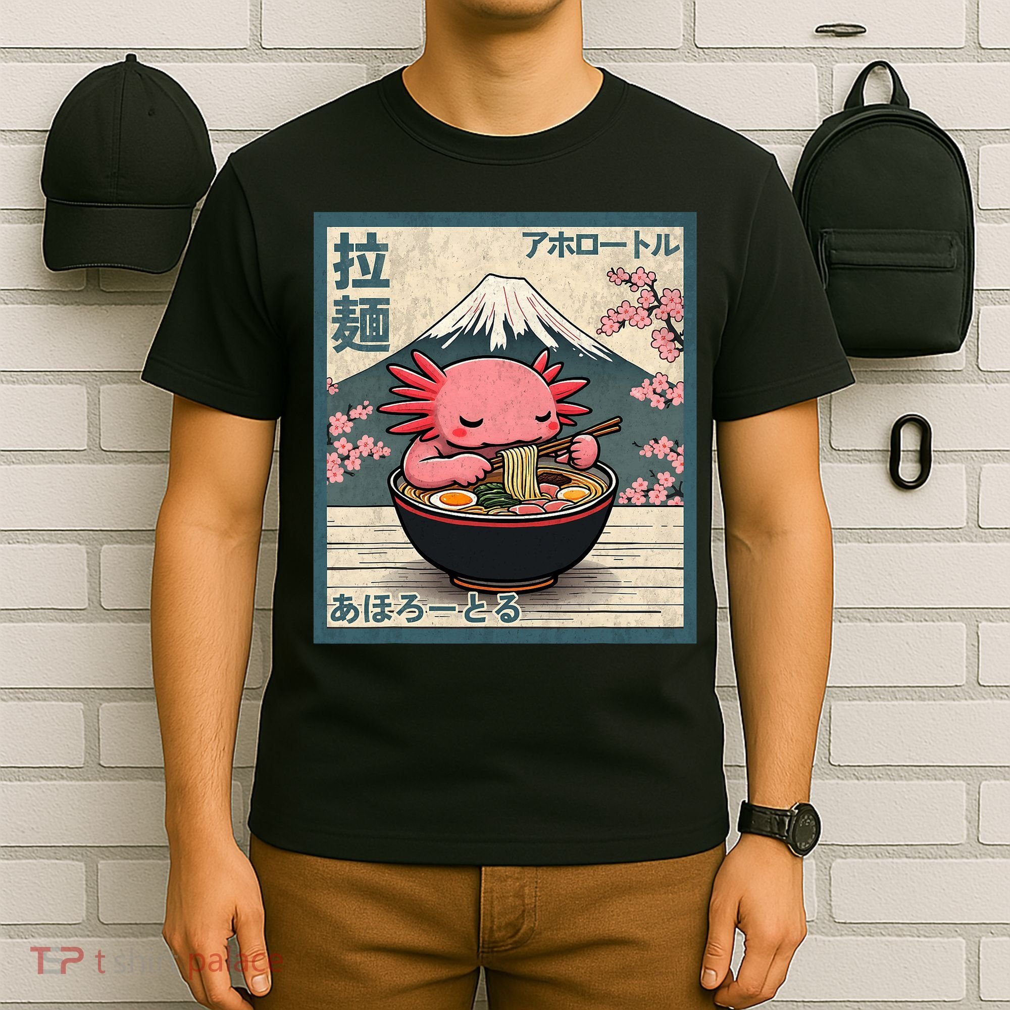 Axolotl Eating Ramen Retro Japanese Kawaii Anime T-Shirt