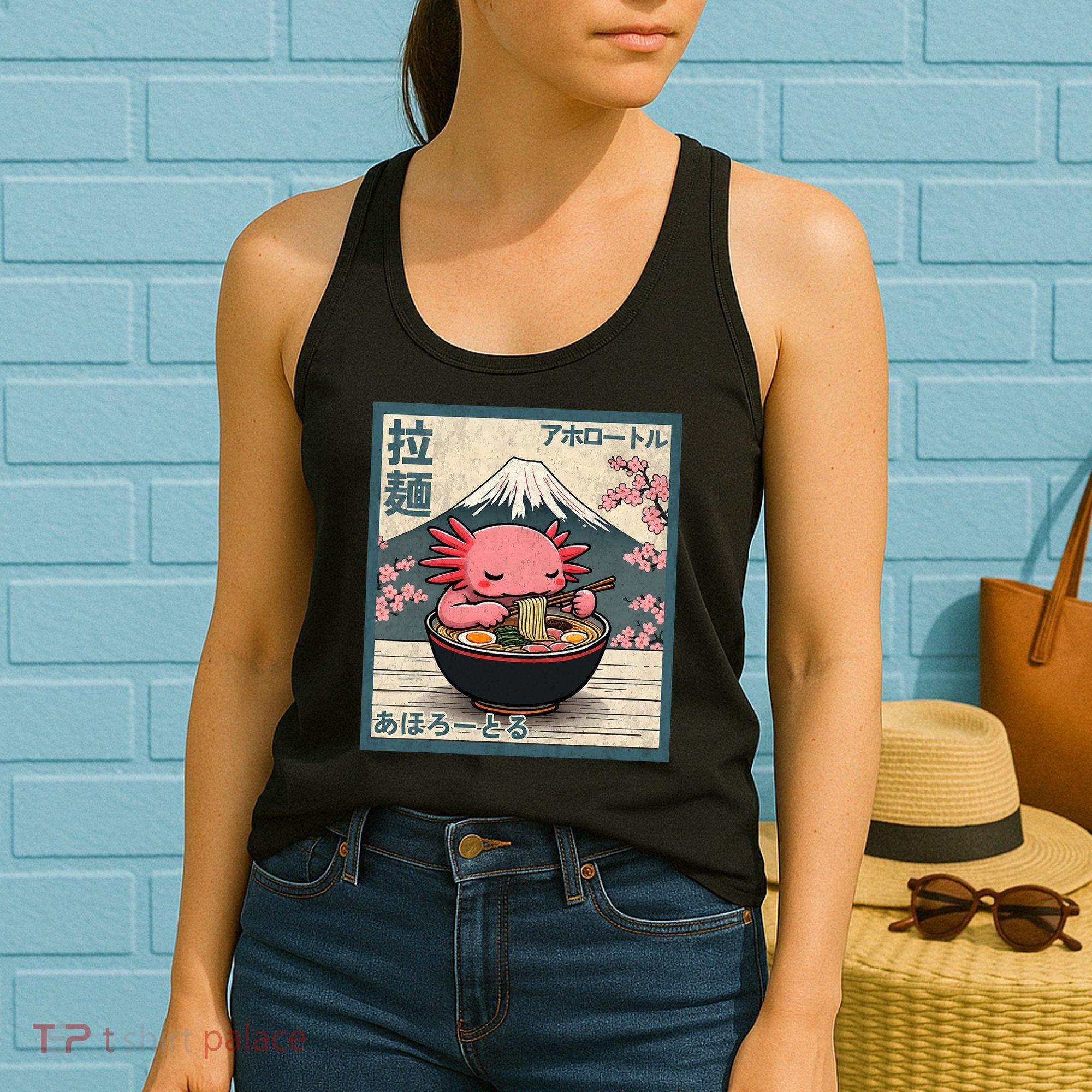 Axolotl Eating Ramen Retro Japanese Kawaii Anime Women's Tank Top
