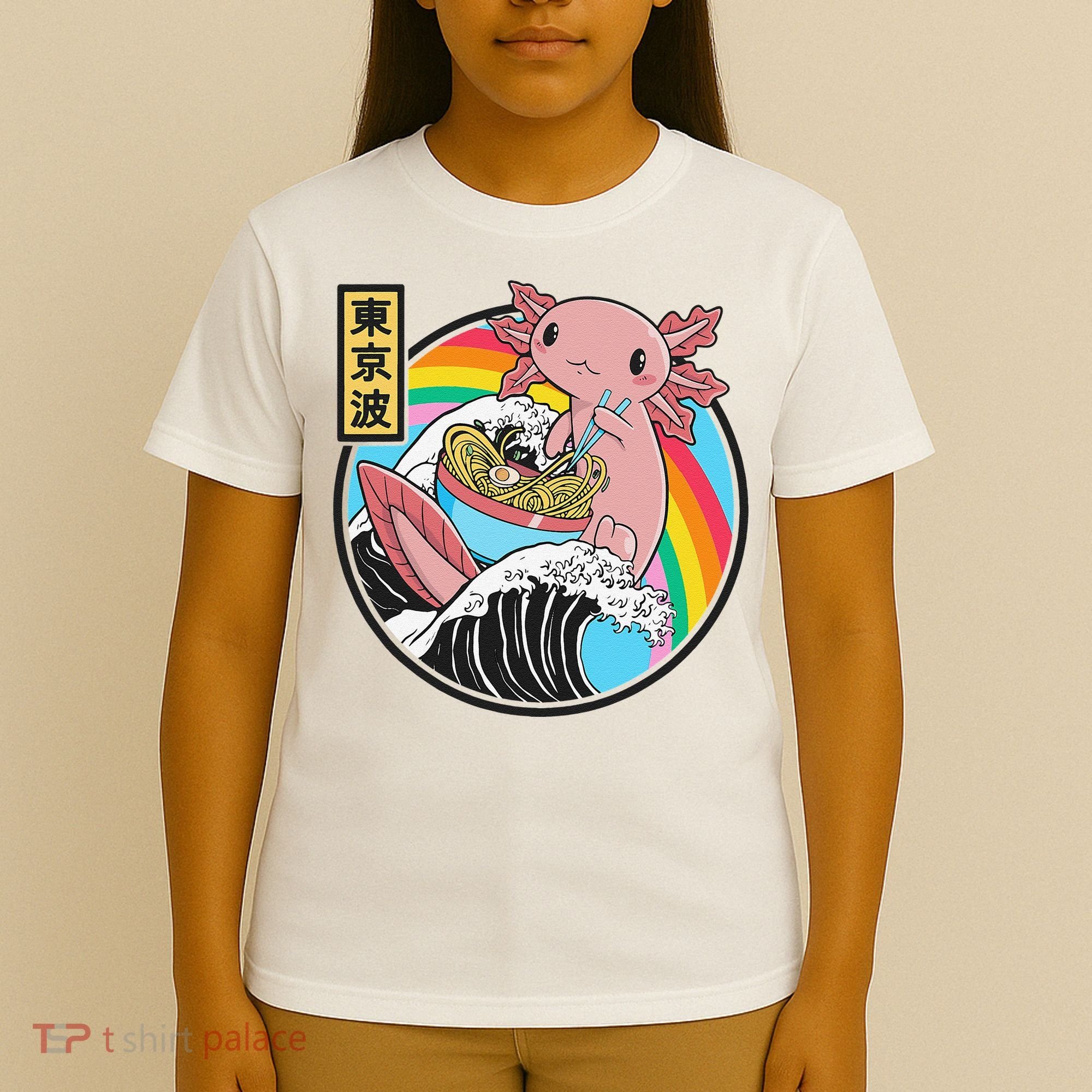 Axolotl Eating Ra Kanagawa Wave Kawaii Anime Vaporwave T-Shirt