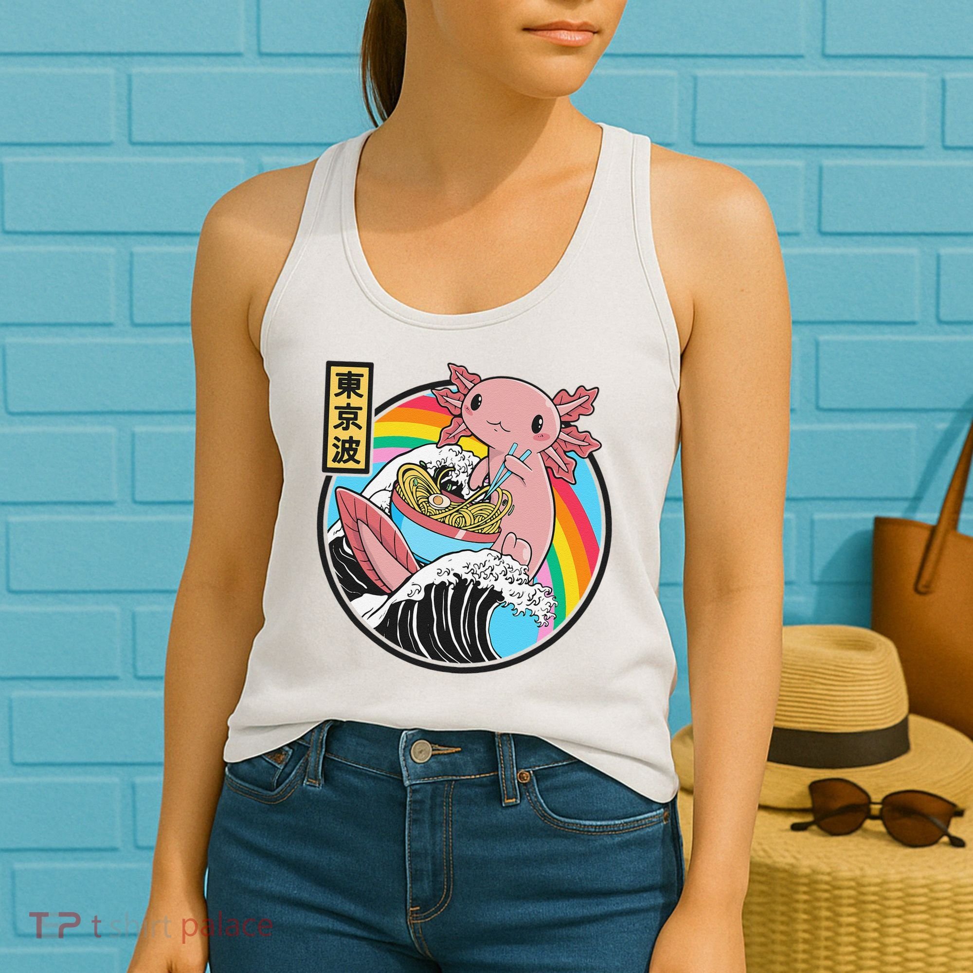 Axolotl Eating Ra Kanagawa Wave Kawaii Anime Vaporwave Women's Tank Top
