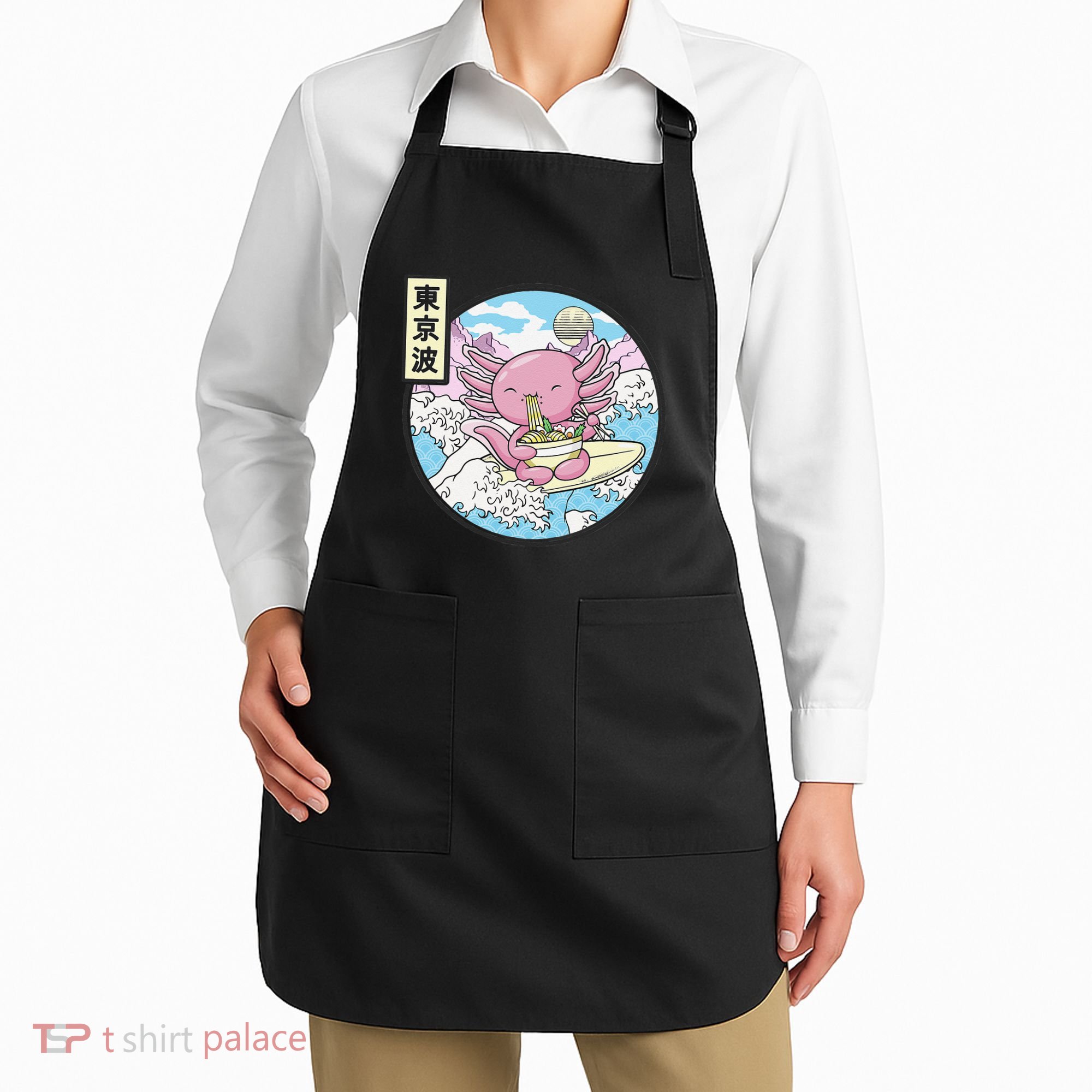 Axolotl Eating Ramen Japan Waves Anime Vaporwave Kawaii Apron
