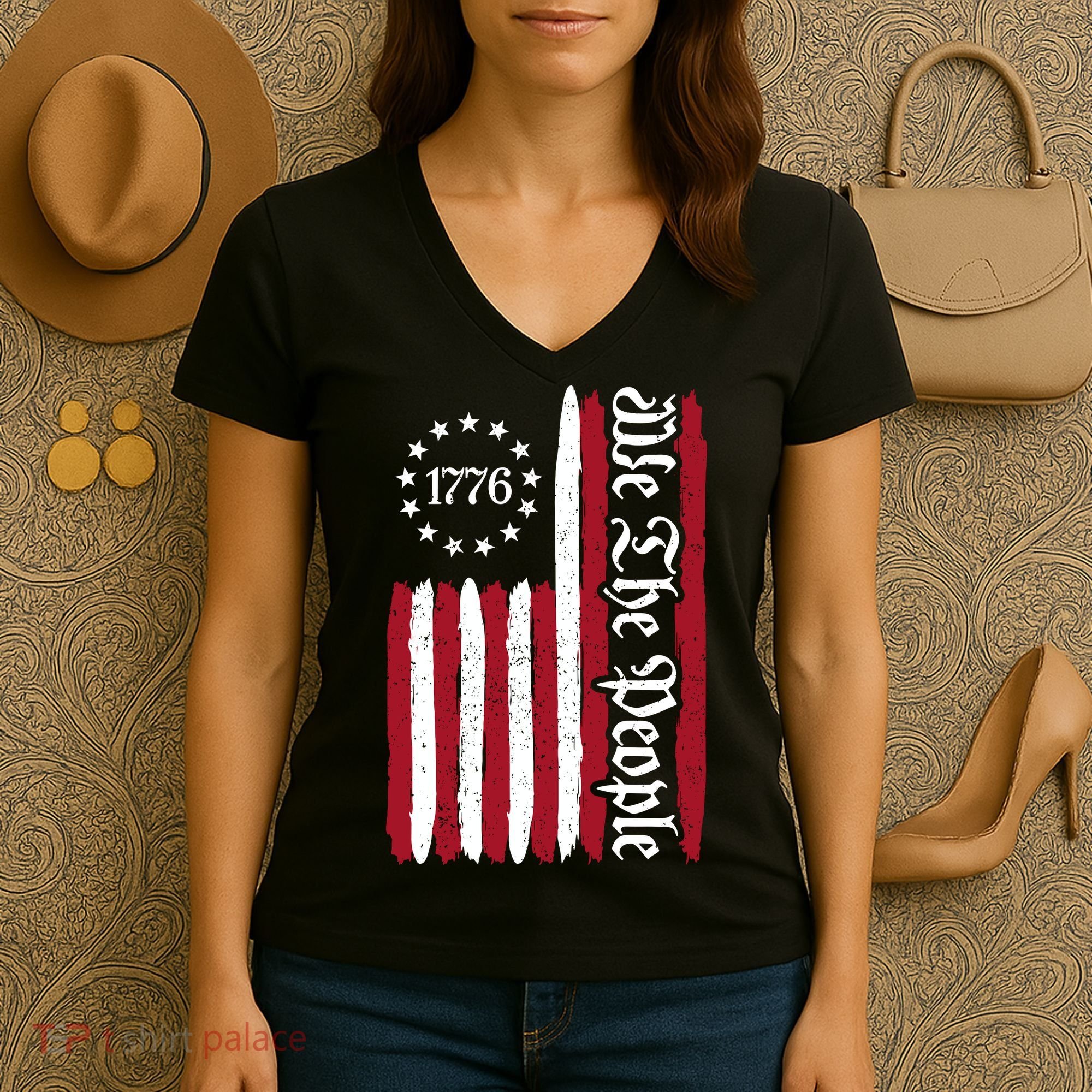 American Flag 1776 We The People Founding Fathers Constitution Women's V-Neck T-Shirt