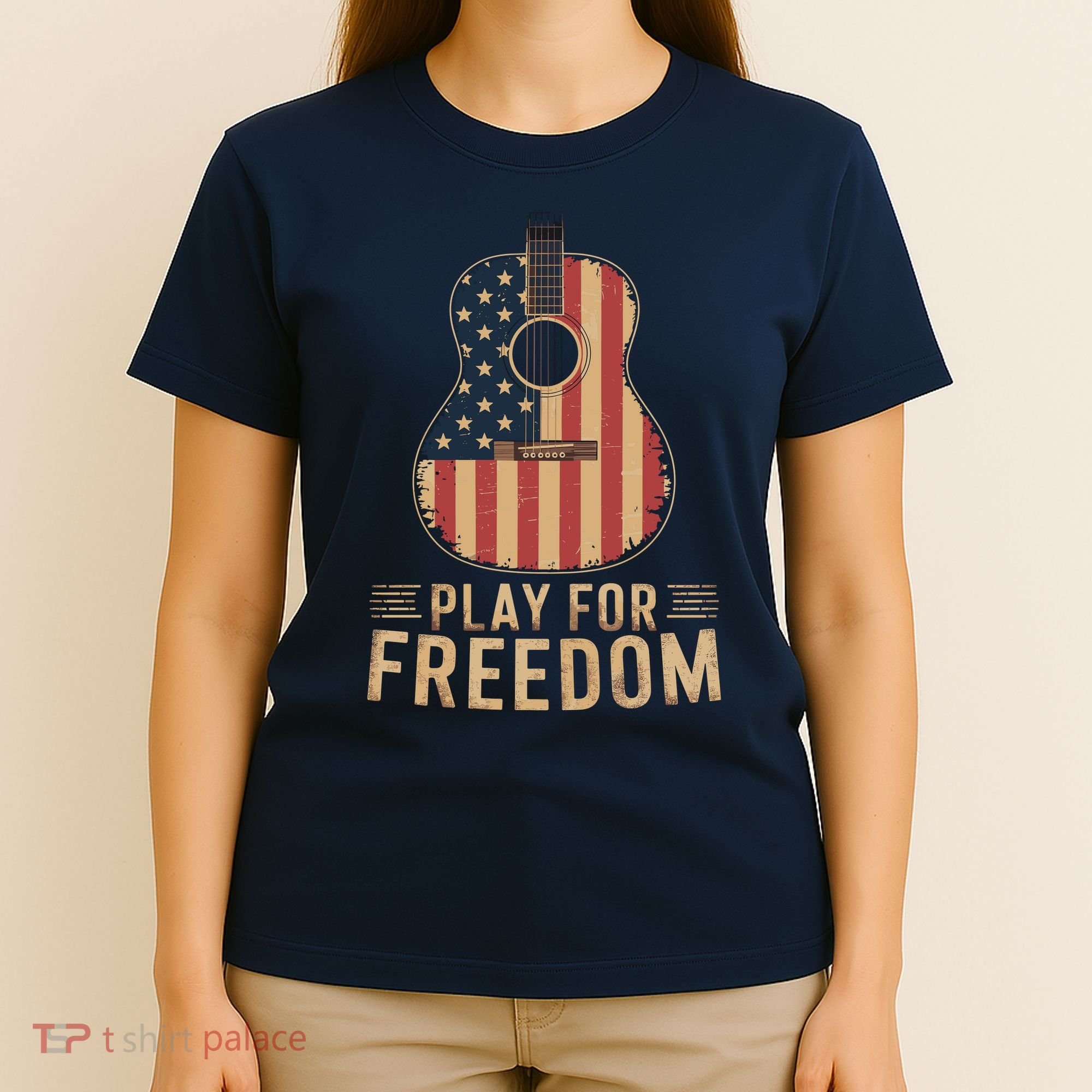 American Flag Acoustic Guitar Play For Freedom T-Shirt