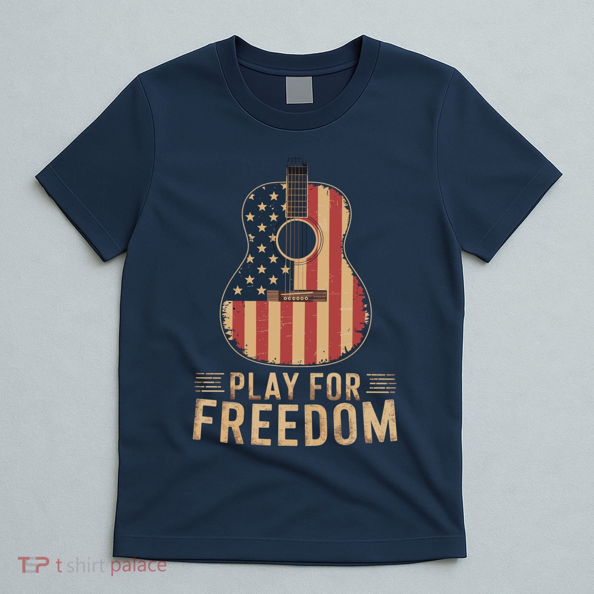 American Flag Acoustic Guitar Play For Freedom T-Shirt