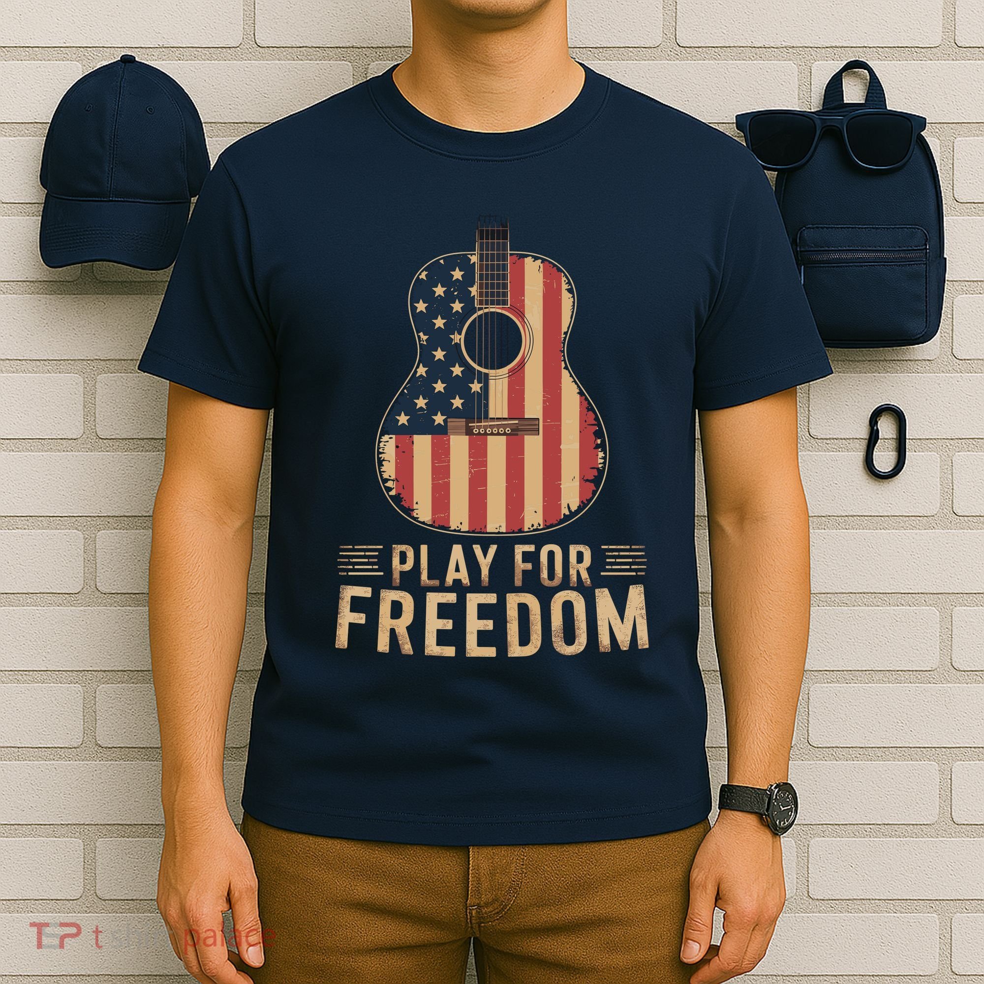 American Flag Acoustic Guitar Play For Freedom T-Shirt