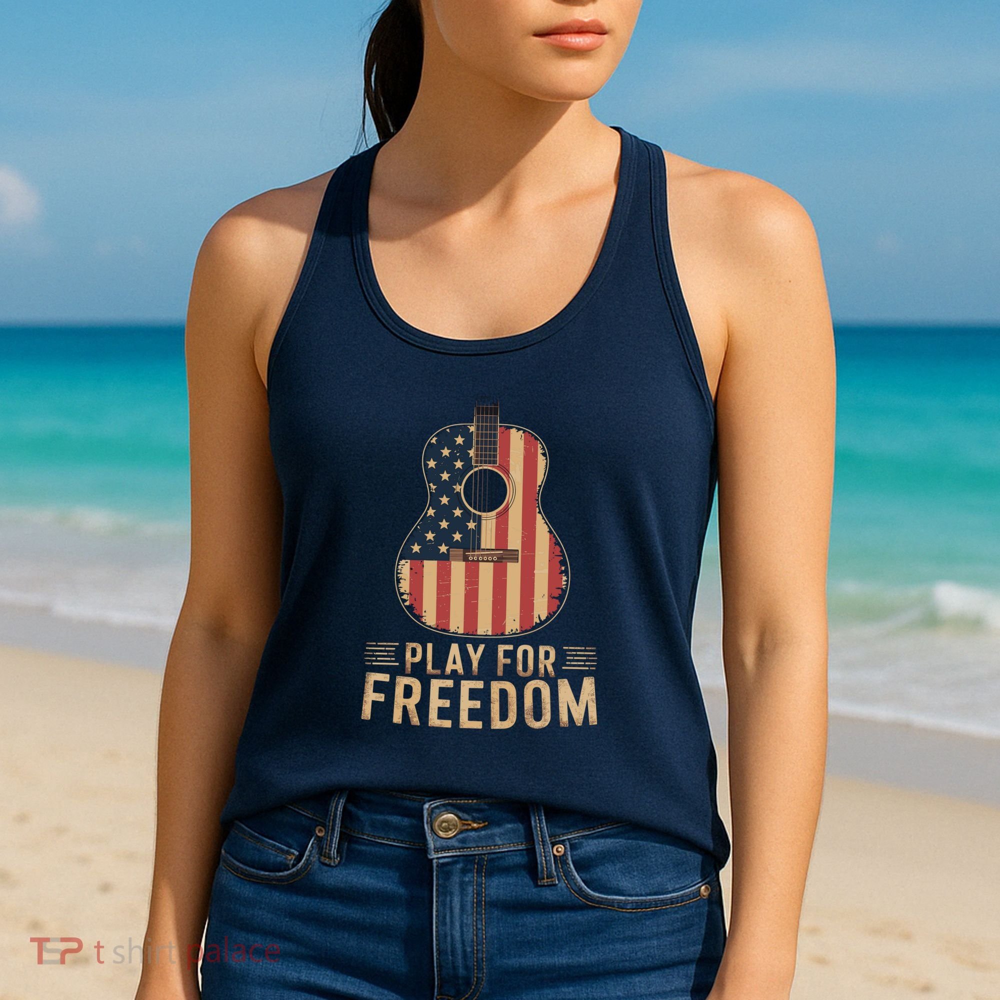 American Flag Acoustic Guitar Play For Freedom Women's Tank Top