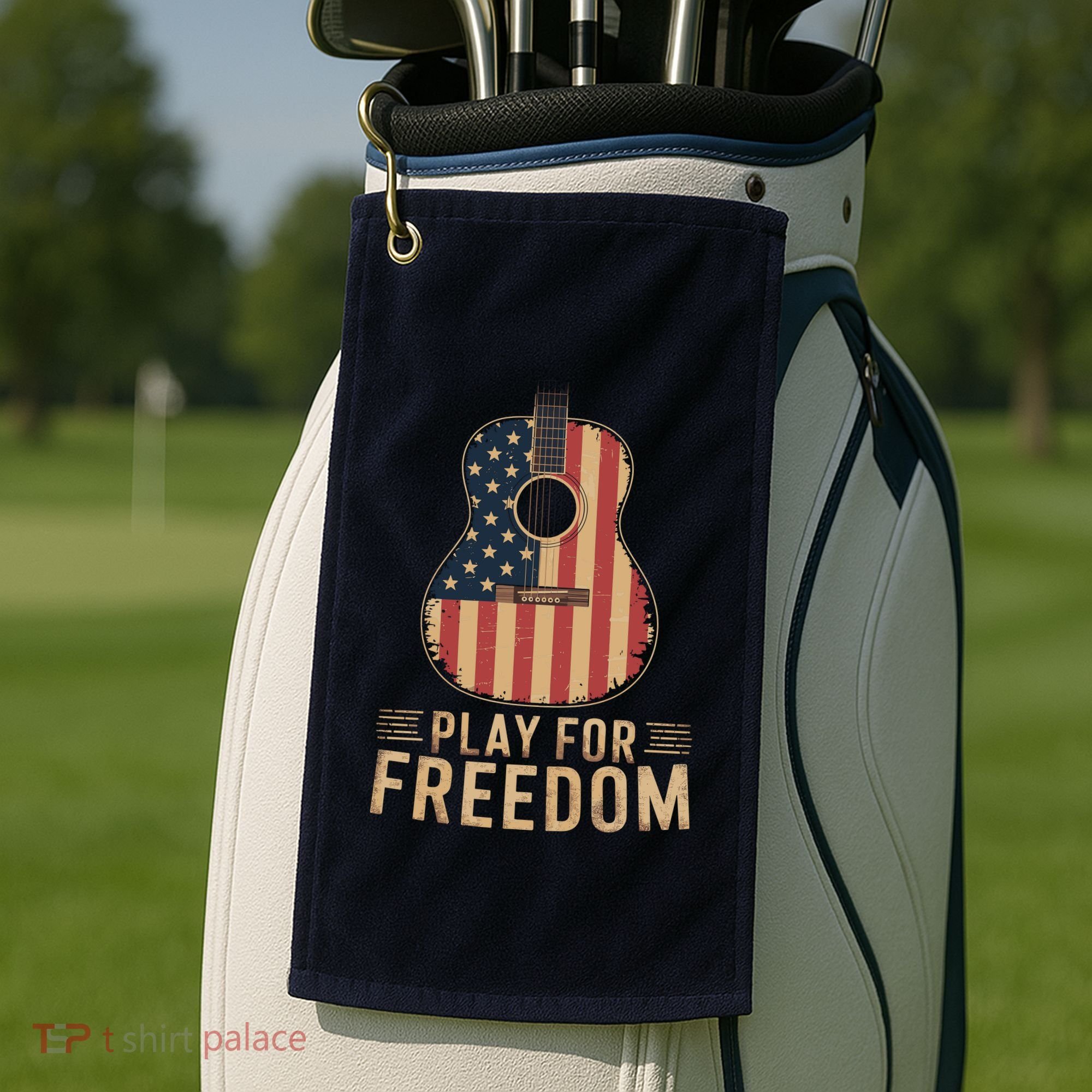 American Flag Acoustic Guitar Play For Freedom Golf Towel