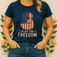 American Flag Acoustic Guitar Play For Freedom Women's T-Shirt thumb 2