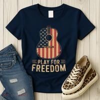 American Flag Acoustic Guitar Play For Freedom Women's T-Shirt thumb 3