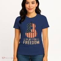 American Flag Acoustic Guitar Play For Freedom Women's T-Shirt thumb 4