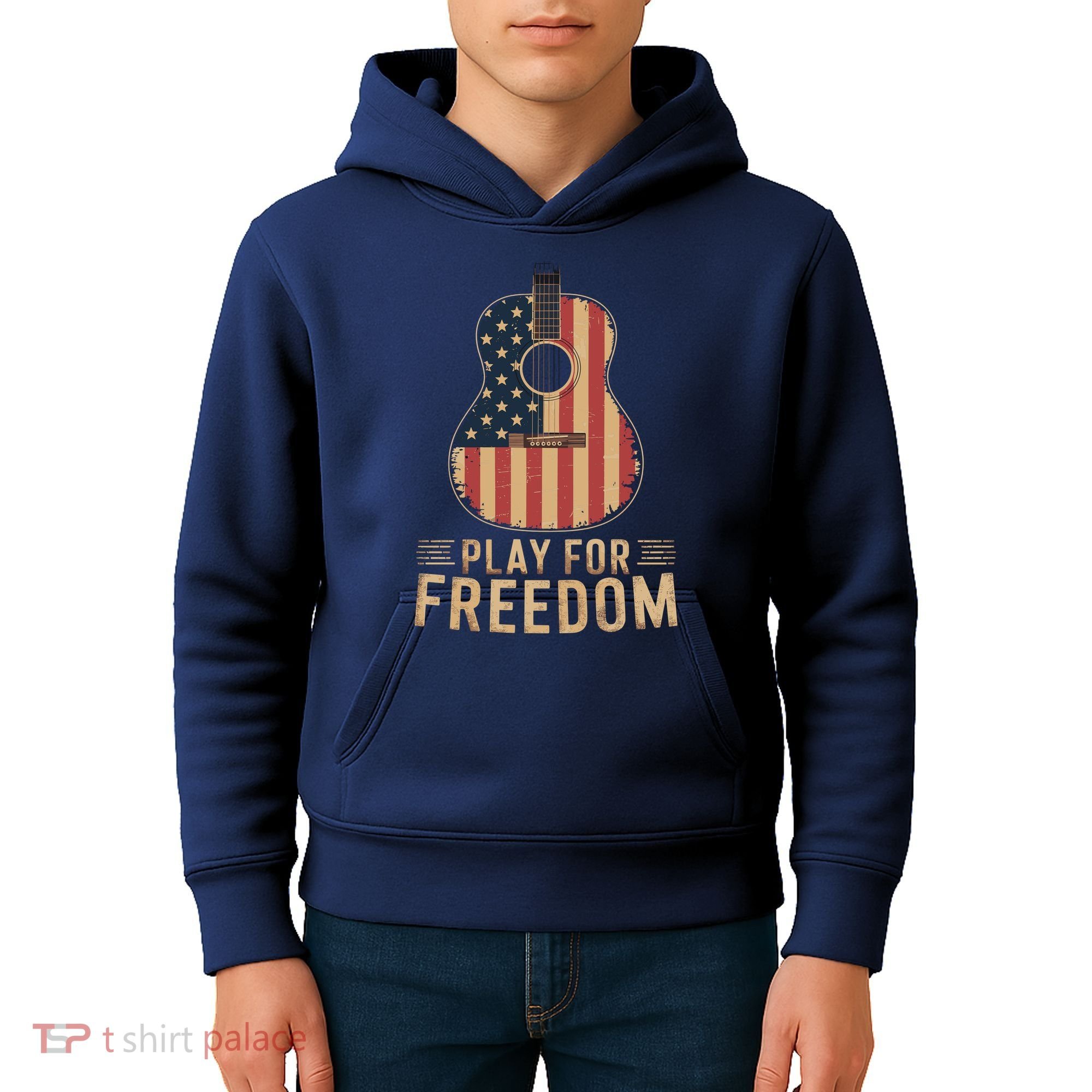American Flag Acoustic Guitar Play For Freedom Kids Hoodie
