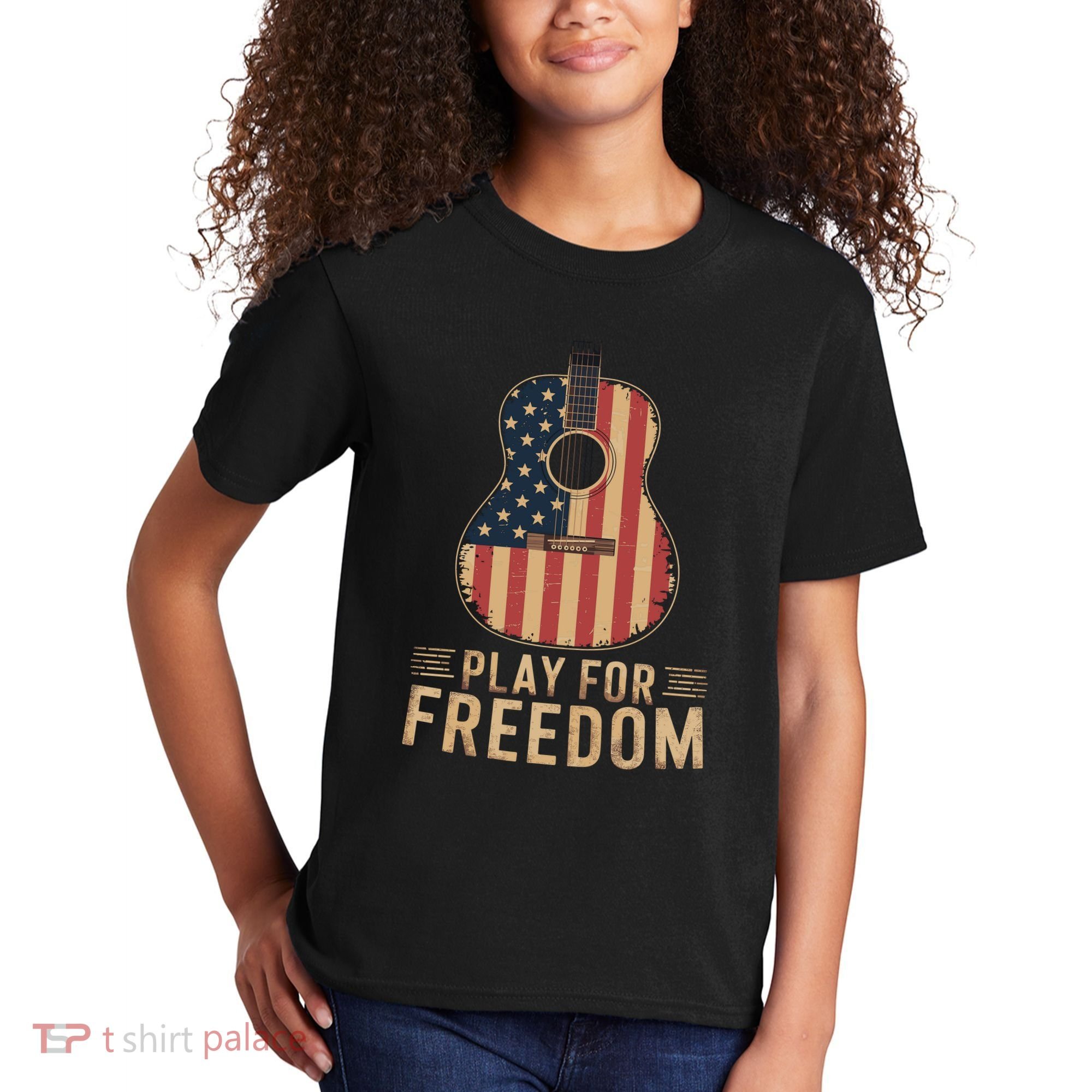 American Flag Acoustic Guitar Play For Freedom Kids T-Shirt