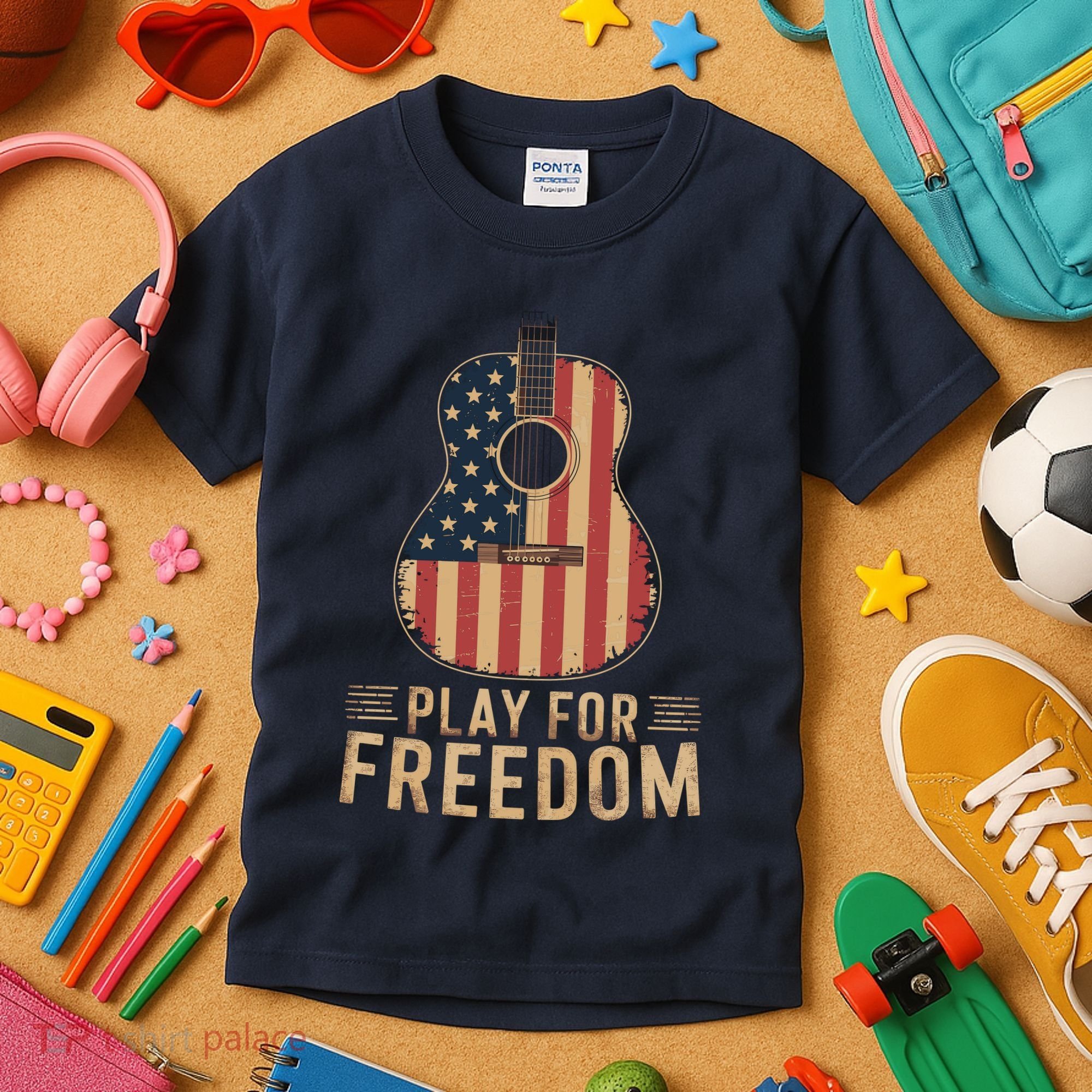 American Flag Acoustic Guitar Play For Freedom Kids T-Shirt