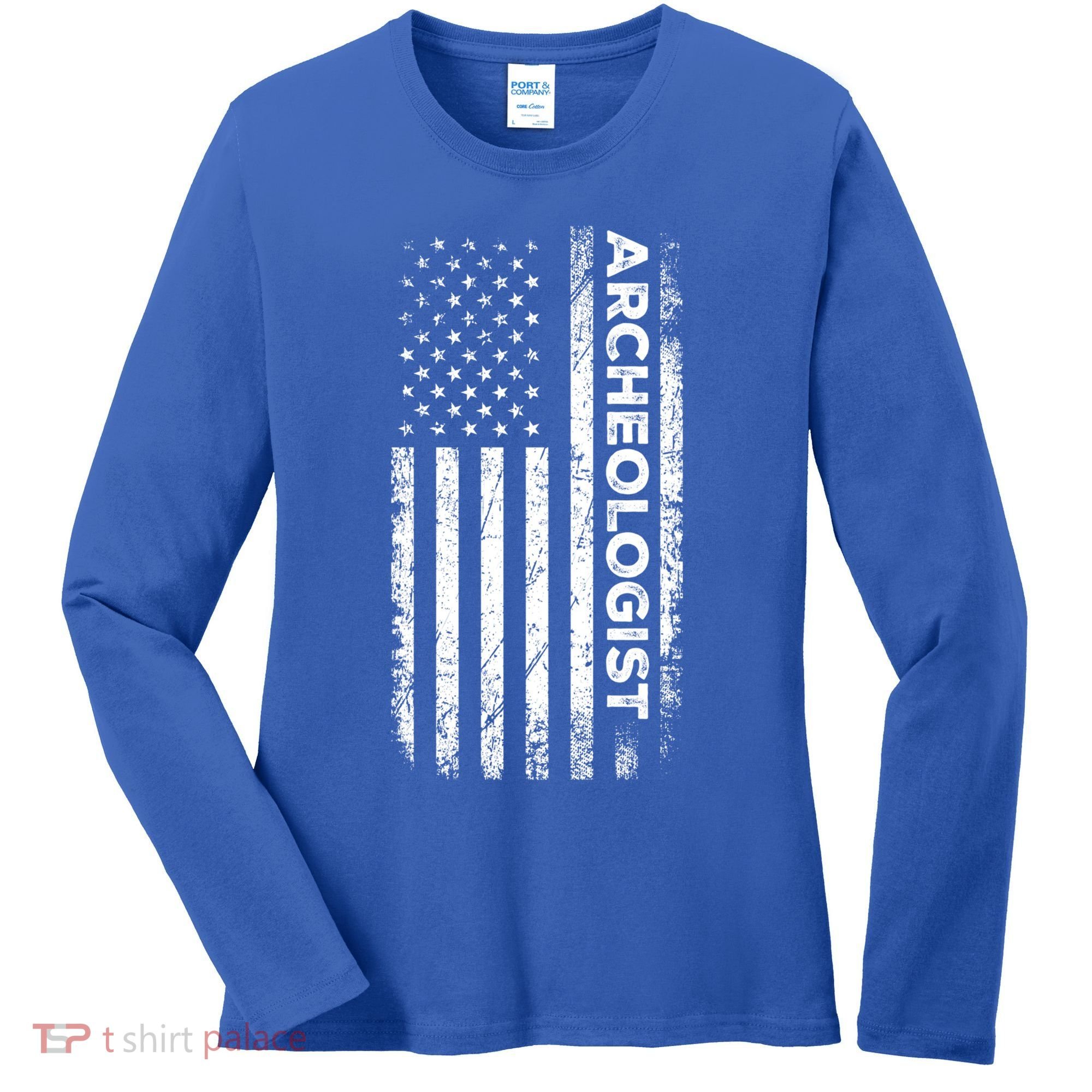 American Flag Archaeologist Funny Archaeology Gift Women's Long Sleeve Shirt