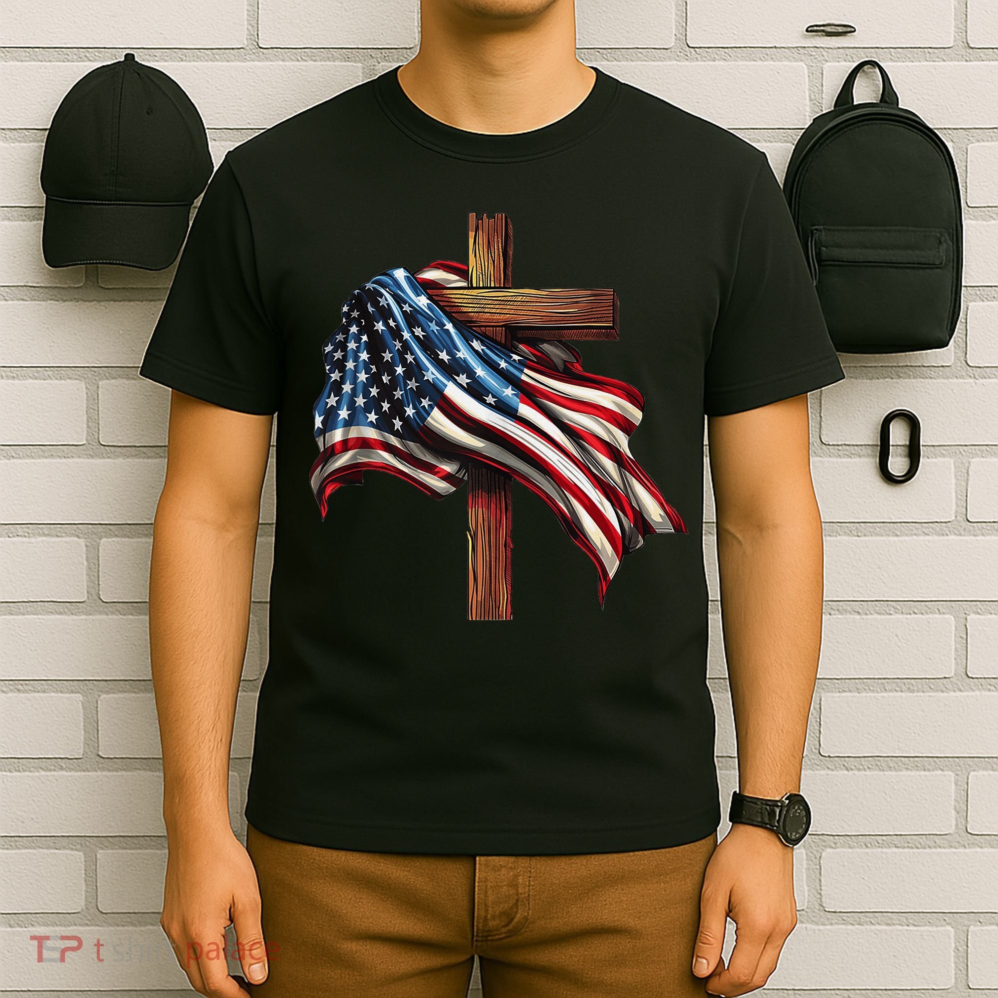 American Flag And Christian Cross Patriotic 4th Of July T-Shirt