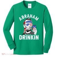 American Flag Abraham Drinking Merica Abe Lincoln Beer Lover Gift Kids Long Sleeve Shirt thumb 0