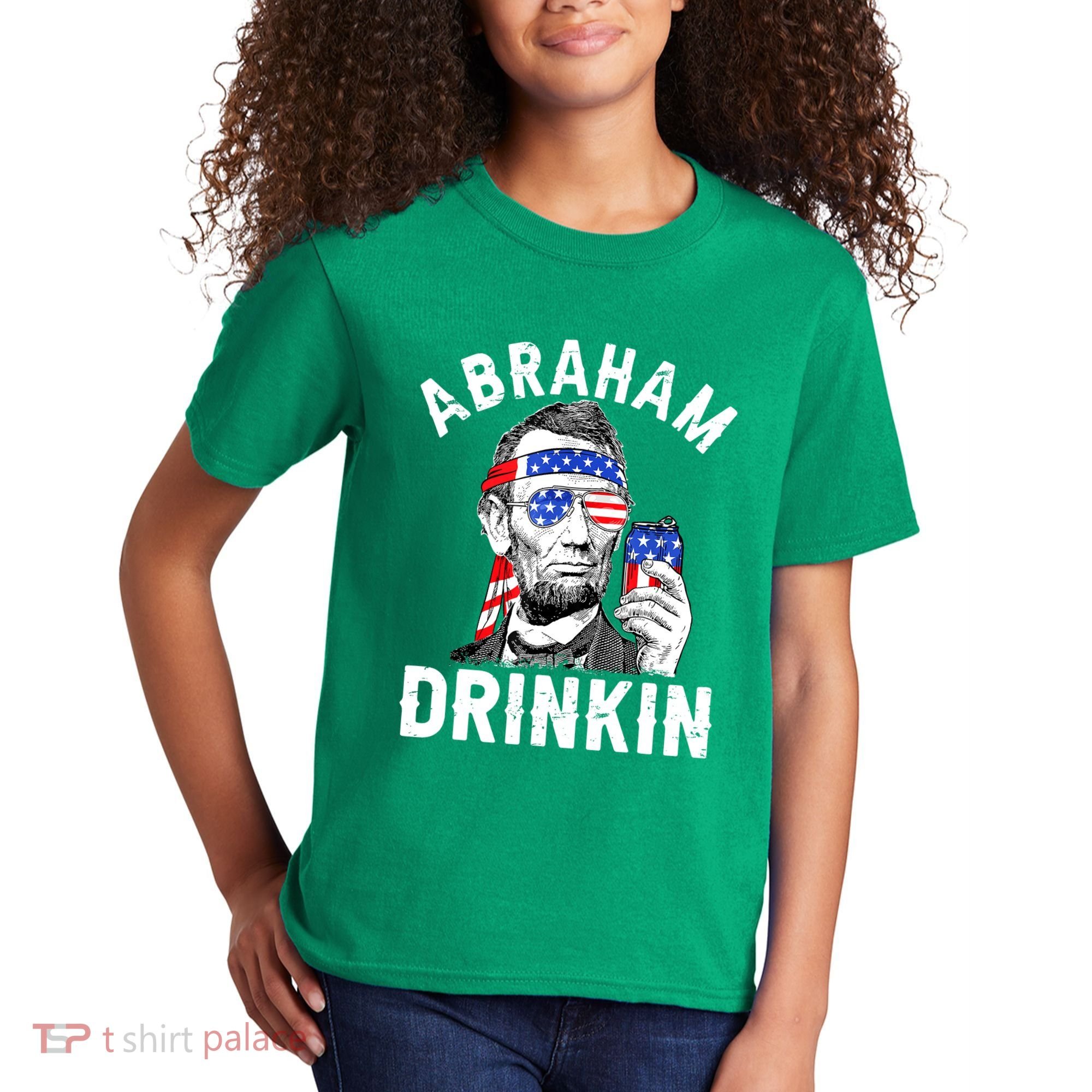 American Flag Abraham Drinking Merica Abe Lincoln Beer Lover Gift Kids T-Shirt