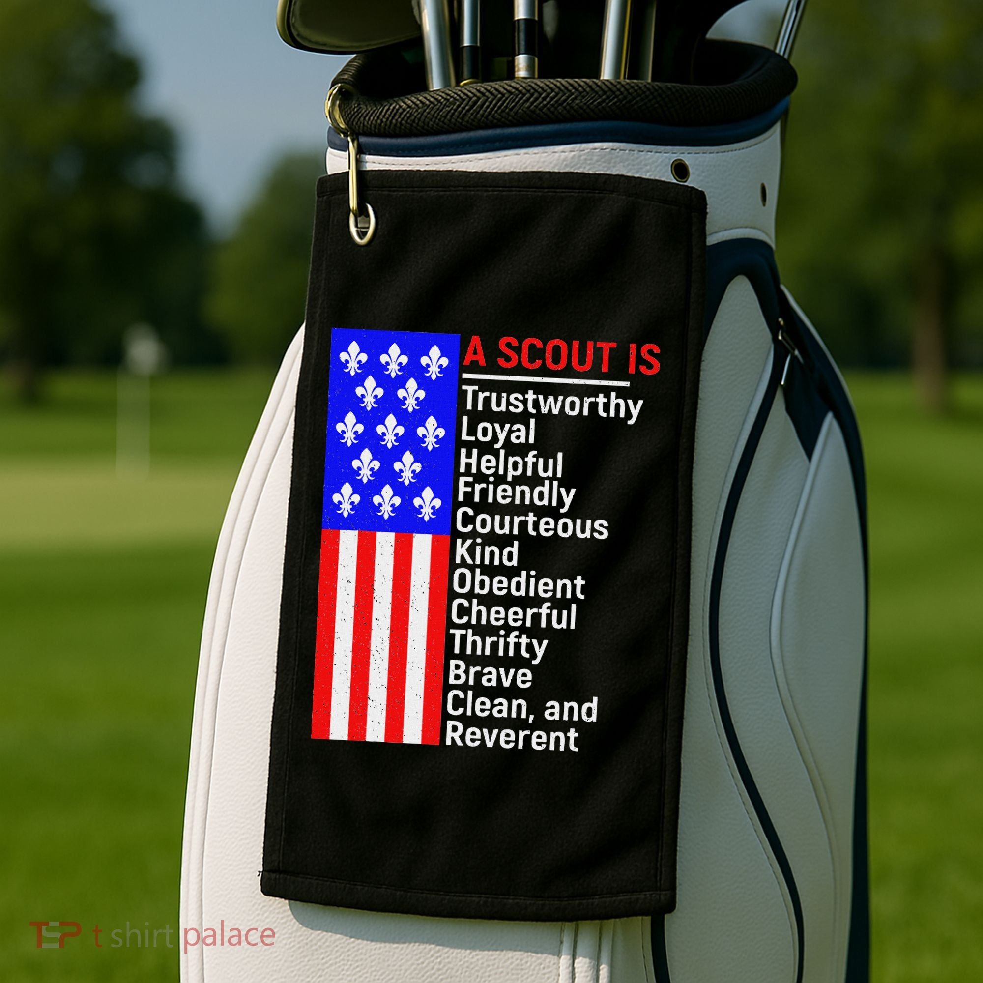 American Flag A Scout Is Trustworthy Friendly Courteous Golf Towel