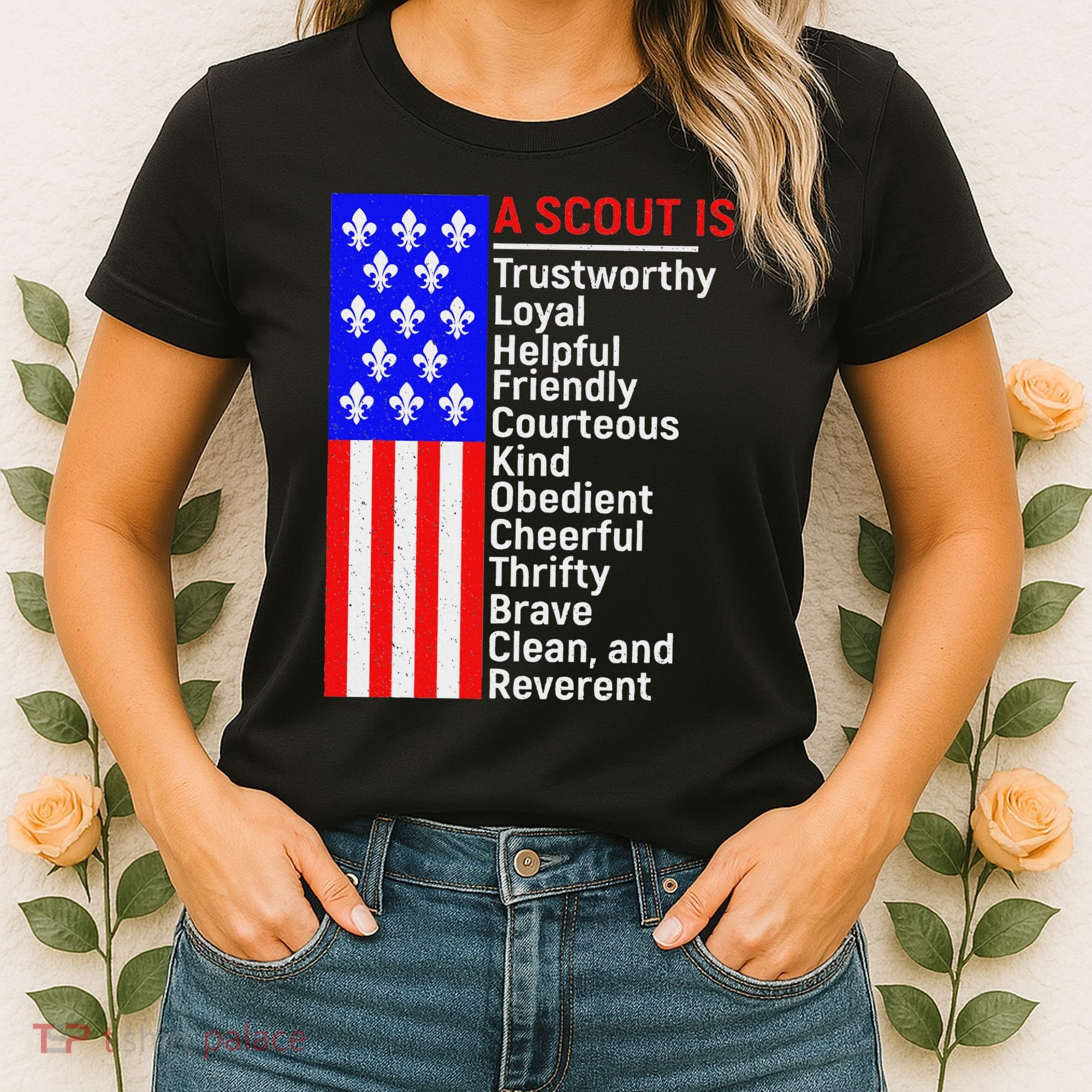 American Flag A Scout Is Trustworthy Friendly Courteous Women's T-Shirt