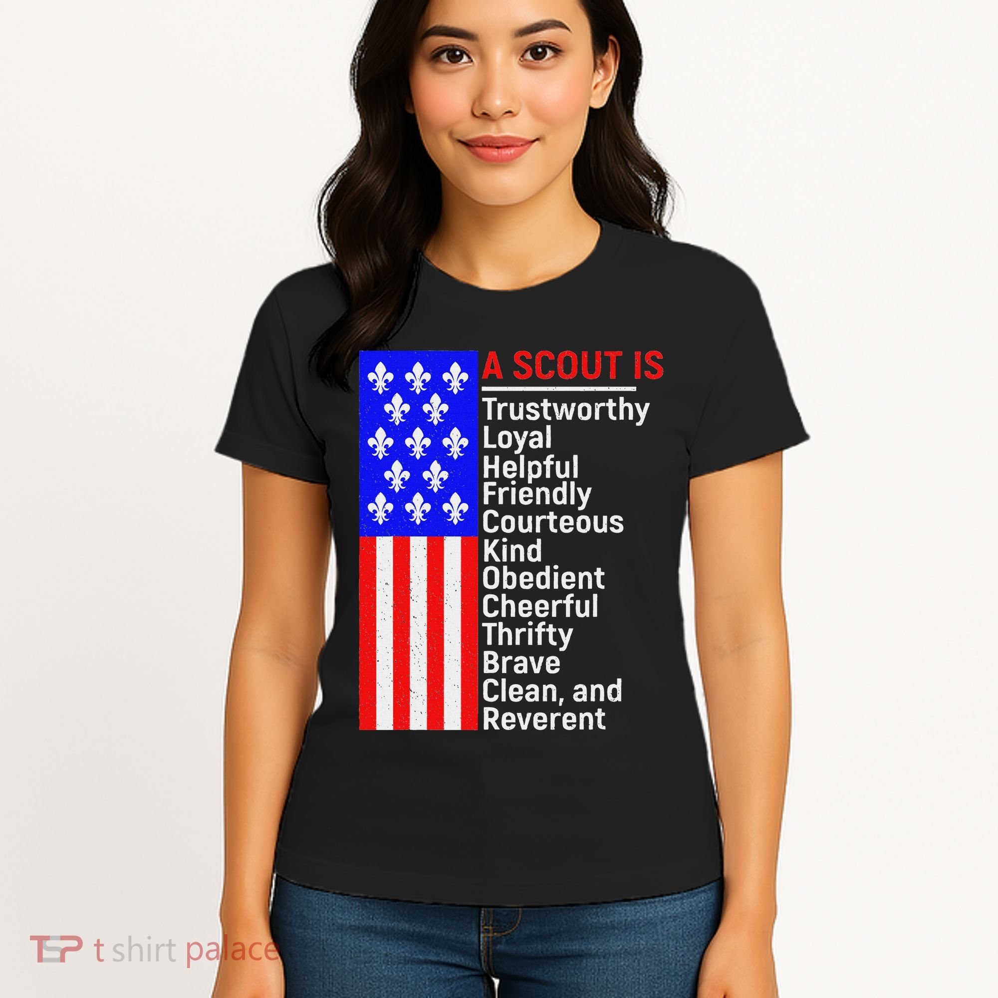American Flag A Scout Is Trustworthy Friendly Courteous Women's T-Shirt