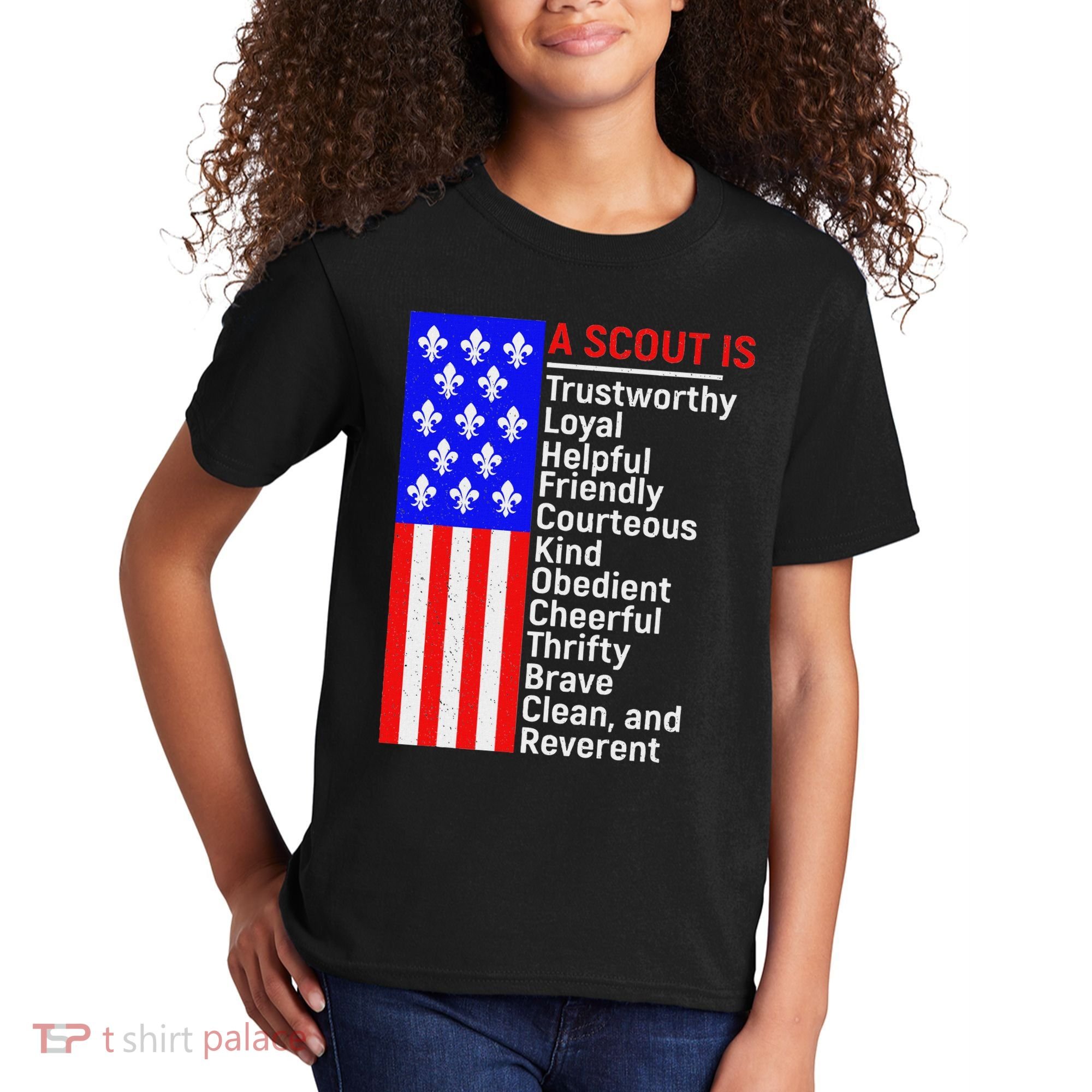 American Flag A Scout Is Trustworthy Friendly Courteous Kids T-Shirt