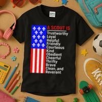 American Flag A Scout Is Trustworthy Friendly Courteous Kids T-Shirt thumb 3
