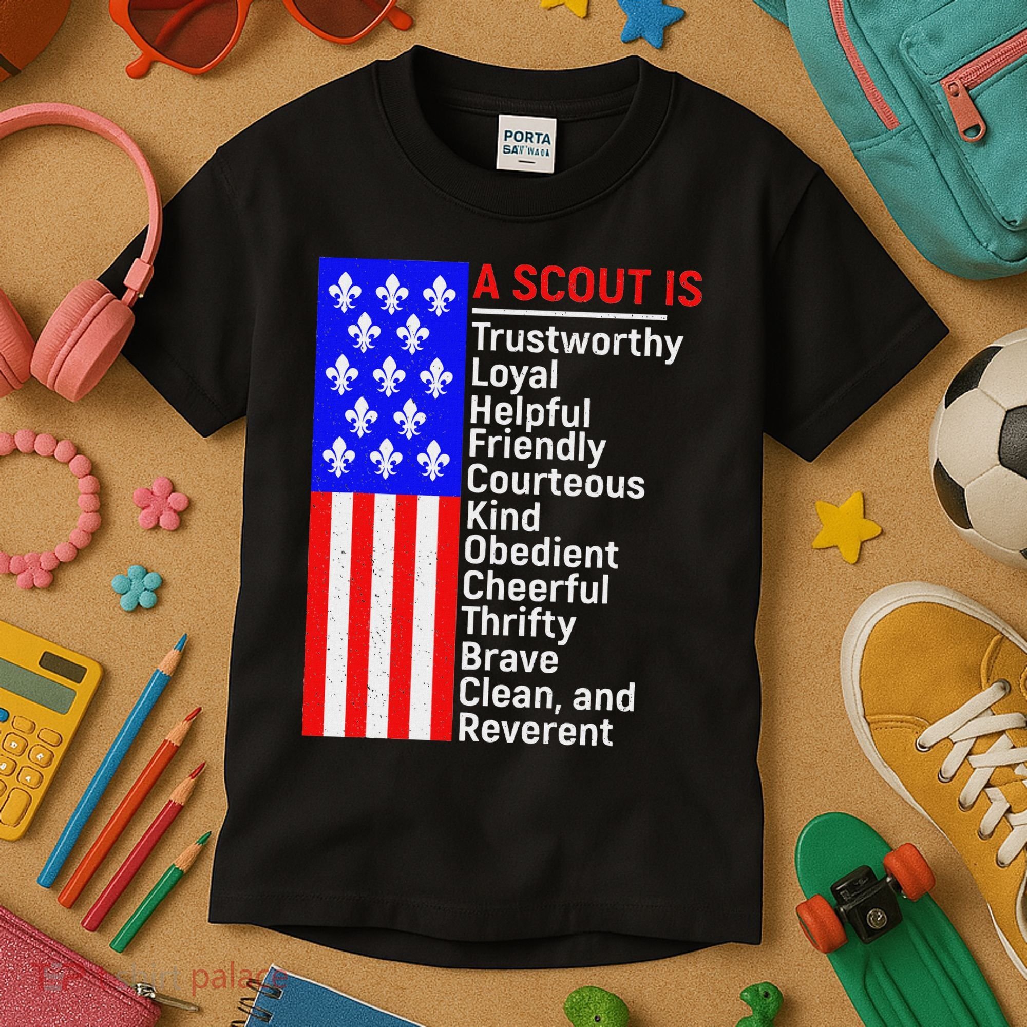 American Flag A Scout Is Trustworthy Friendly Courteous Kids T-Shirt