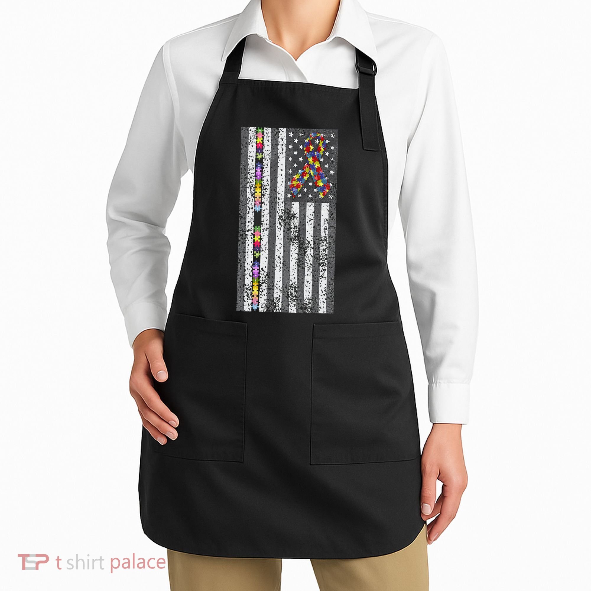 American Flag Autism Awareness Puzzle Piece & Ribbon Apron