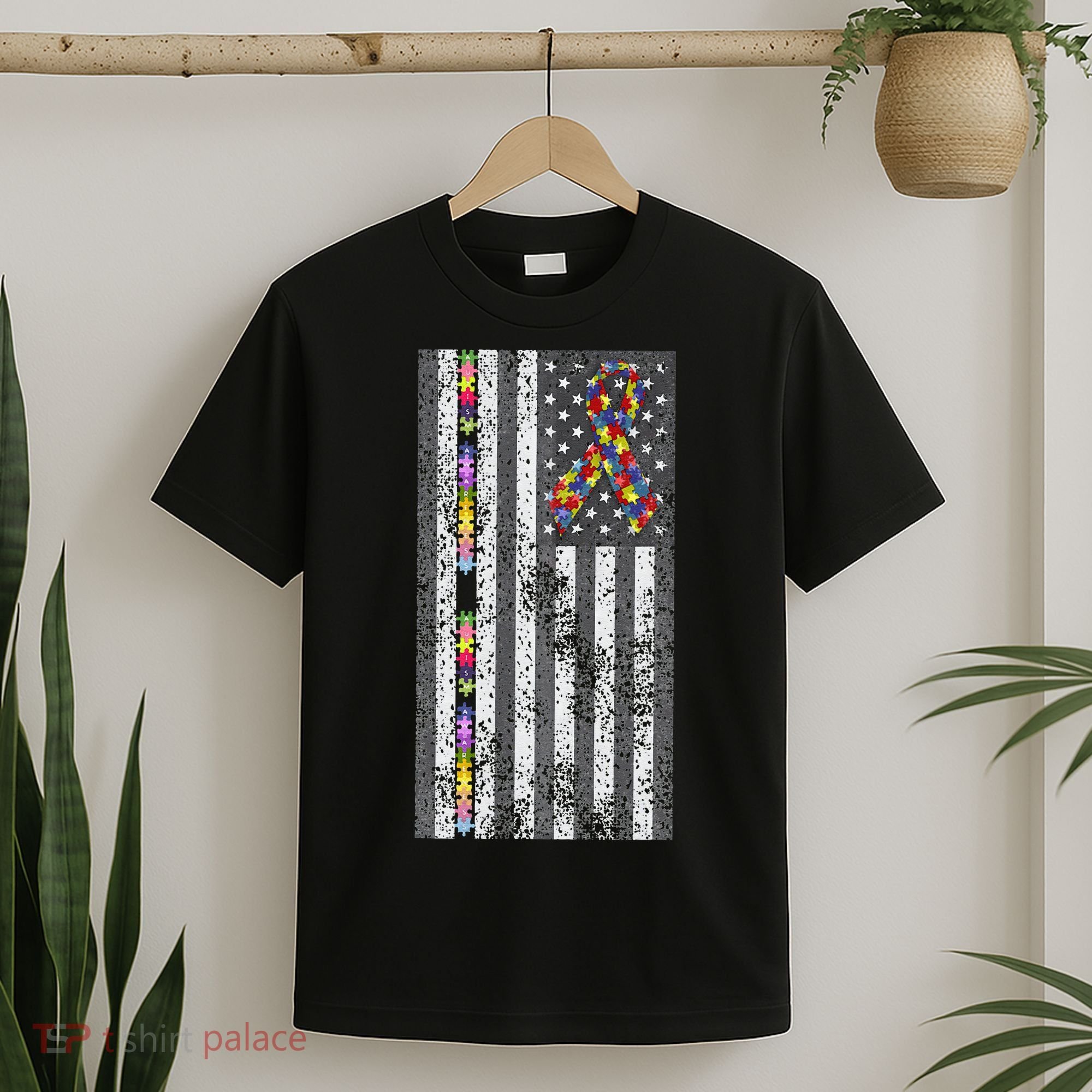 American Flag Autism Awareness Puzzle Piece & Ribbon T-Shirt