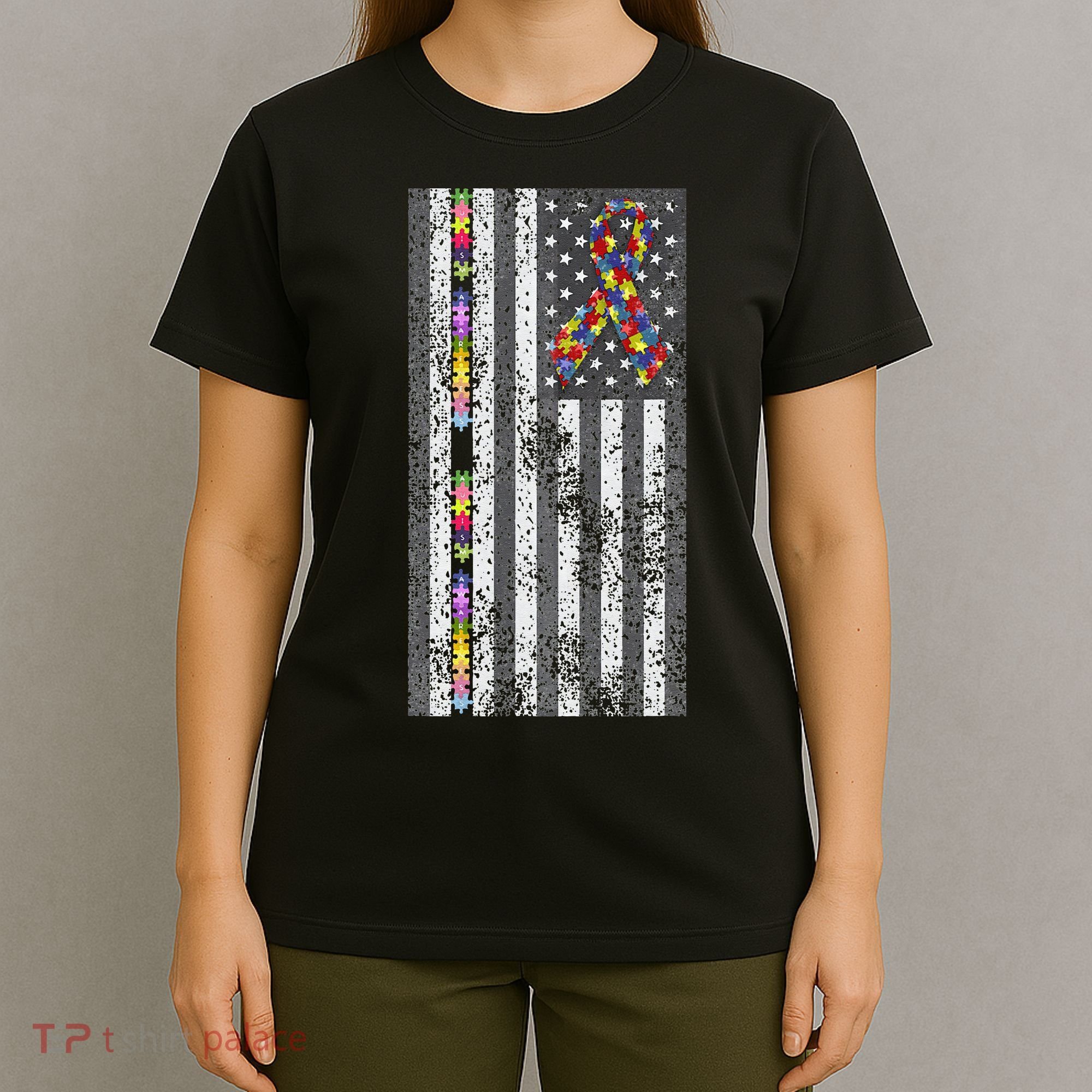 American Flag Autism Awareness Puzzle Piece & Ribbon T-Shirt