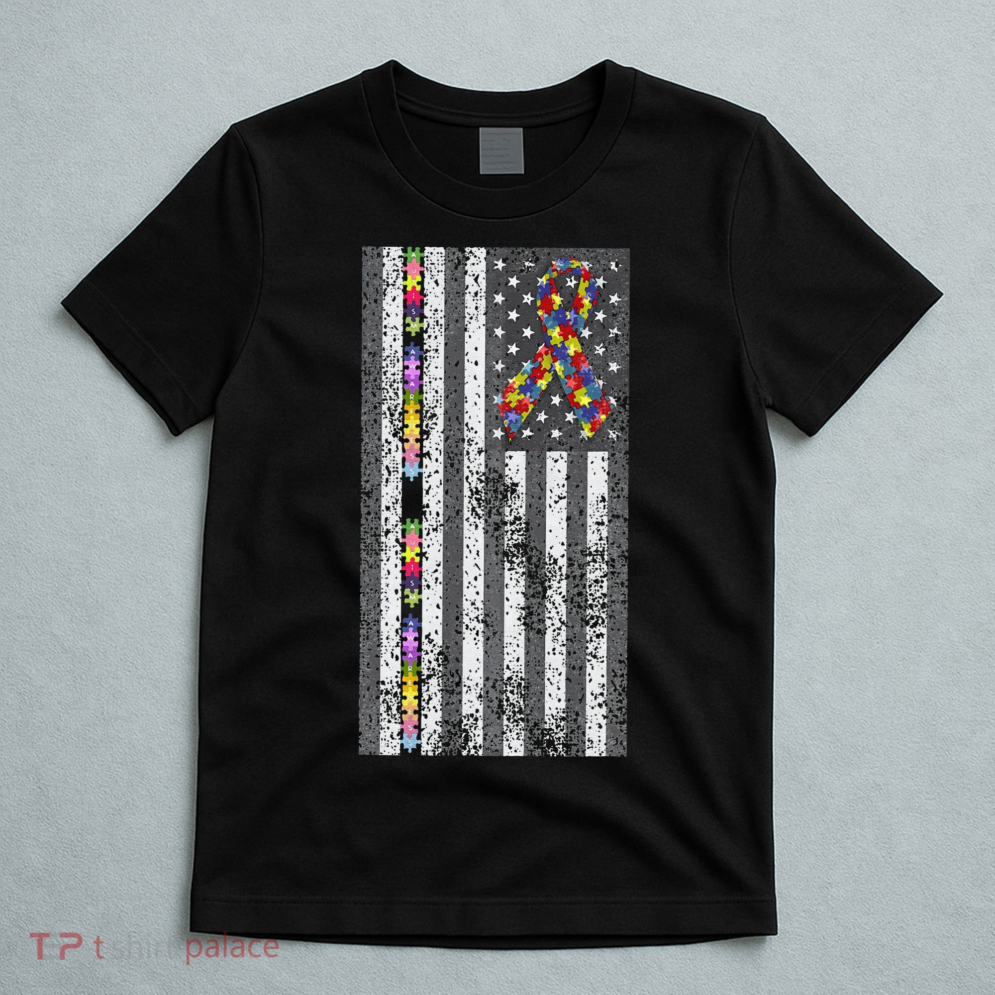 American Flag Autism Awareness Puzzle Piece & Ribbon T-Shirt