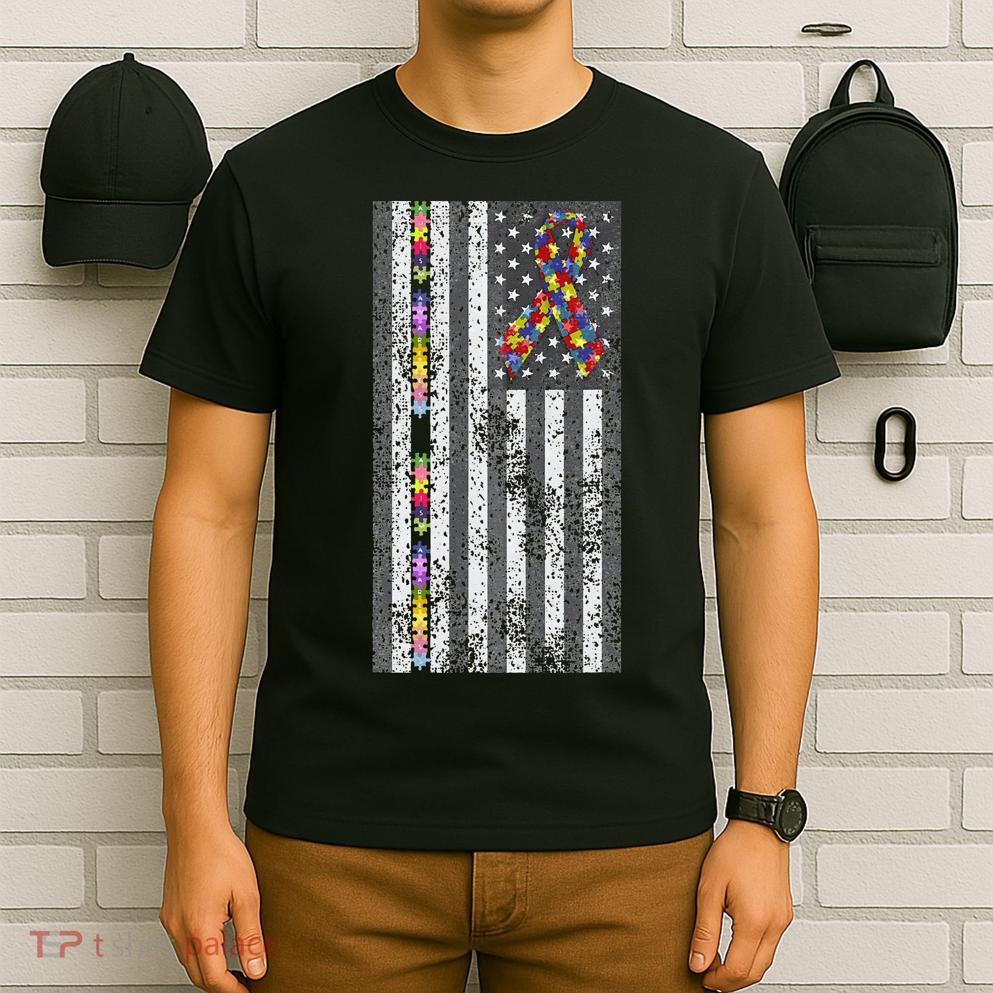 American Flag Autism Awareness Puzzle Piece & Ribbon T-Shirt
