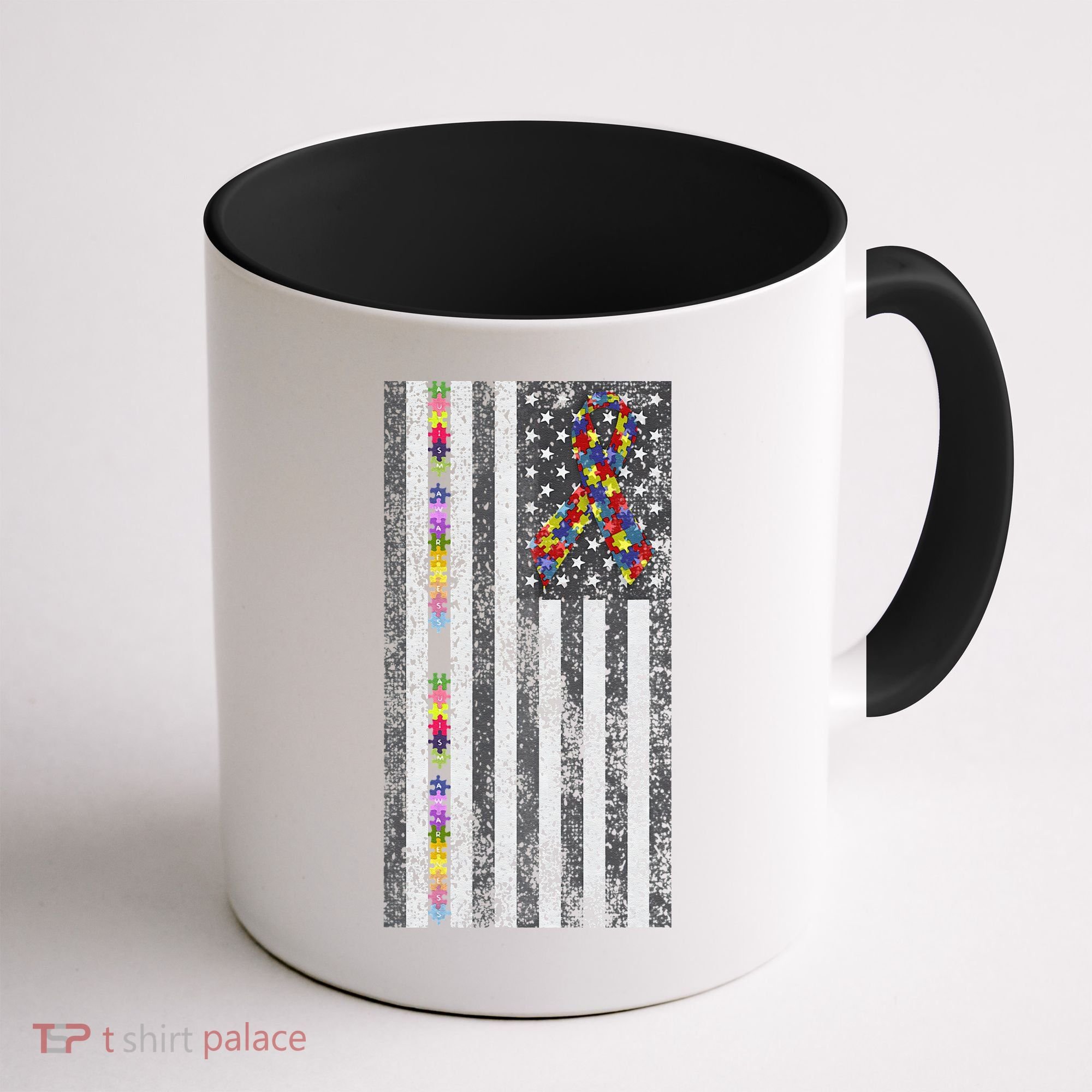 American Flag Autism Awareness Puzzle Piece & Ribbon Coffee Mug