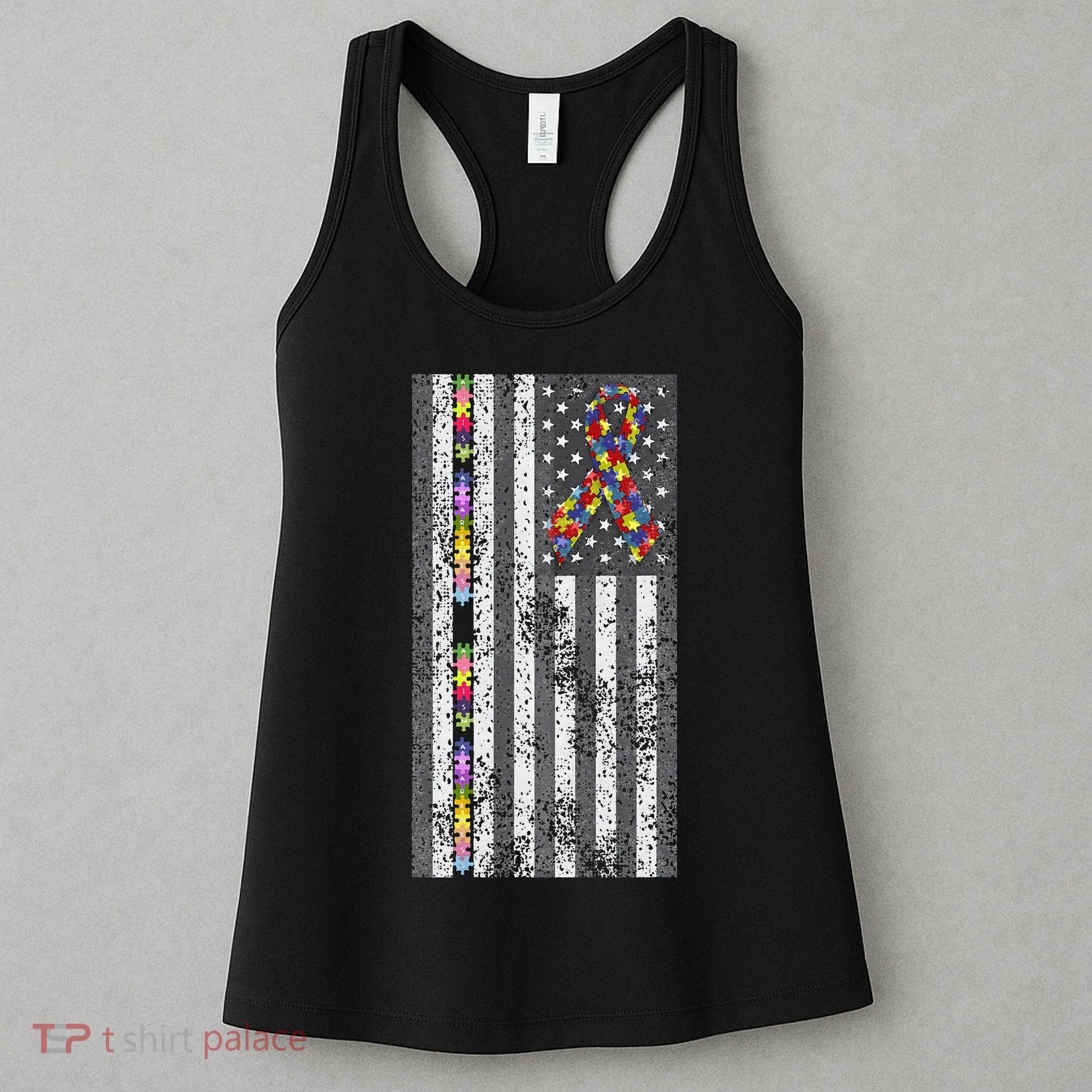 American Flag Autism Awareness Puzzle Piece & Ribbon Women's Tank Top