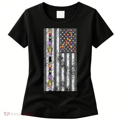 American Flag Autism Awareness Puzzle Piece & Ribbon Women's T-Shirt