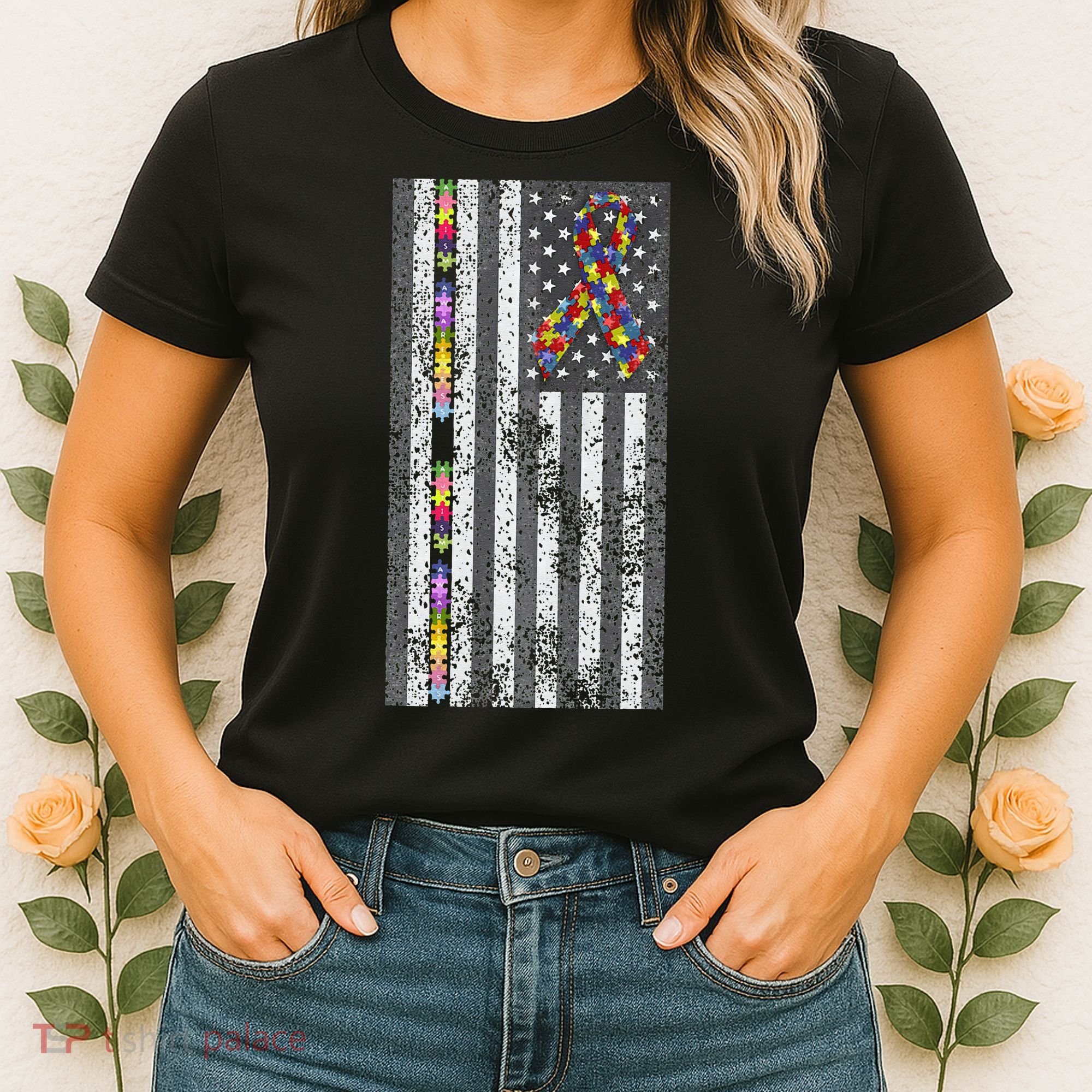 American Flag Autism Awareness Puzzle Piece & Ribbon Women's T-Shirt