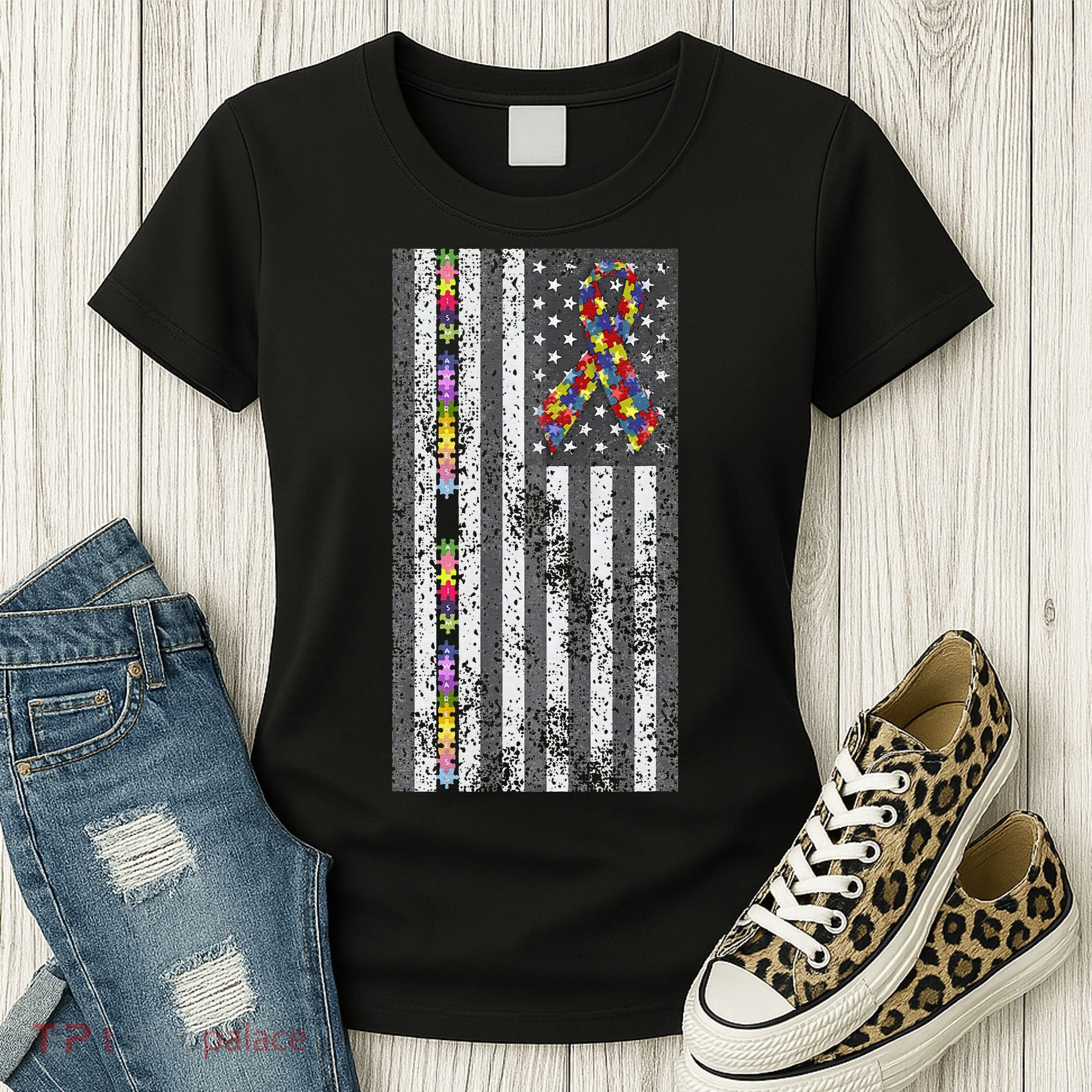 American Flag Autism Awareness Puzzle Piece & Ribbon Women's T-Shirt