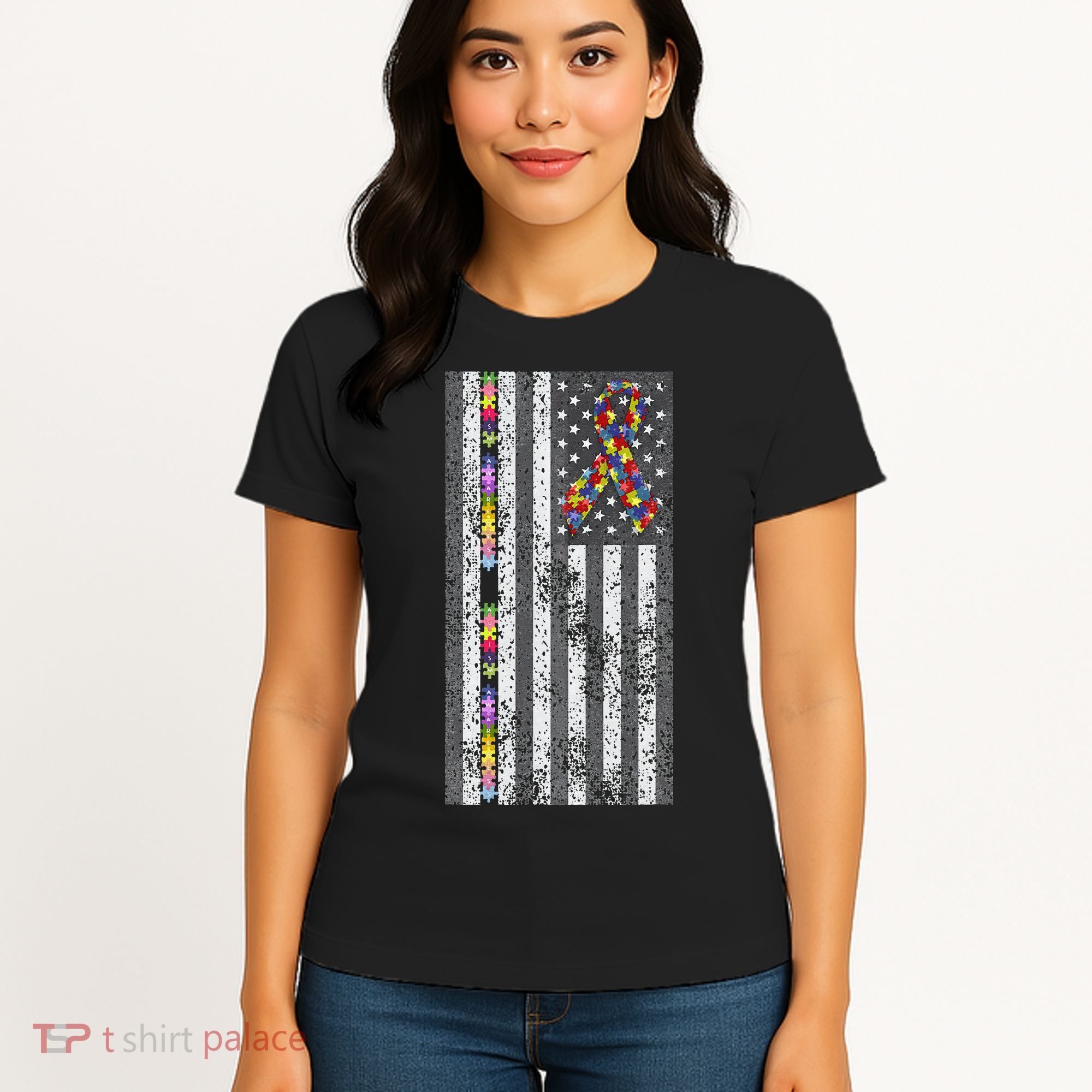 American Flag Autism Awareness Puzzle Piece & Ribbon Women's T-Shirt