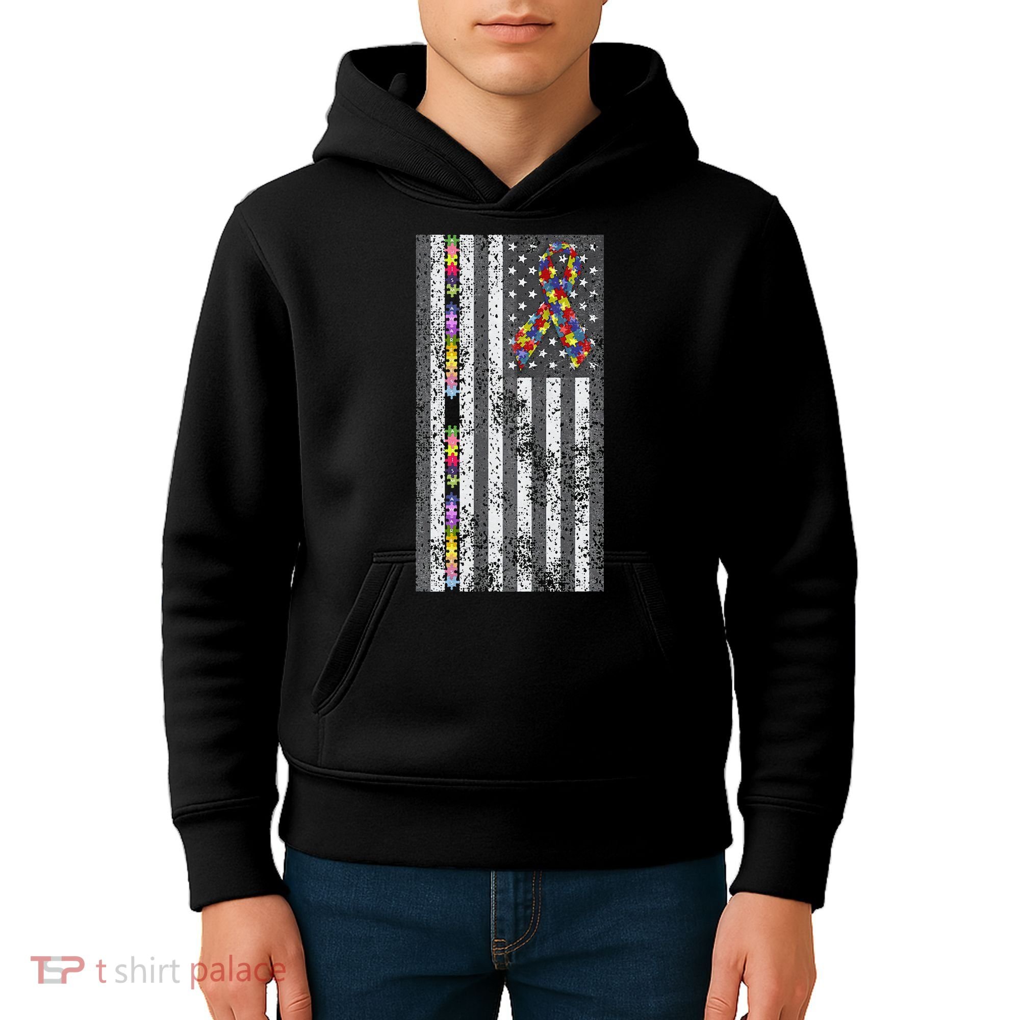 American Flag Autism Awareness Puzzle Piece & Ribbon Kids Hoodie