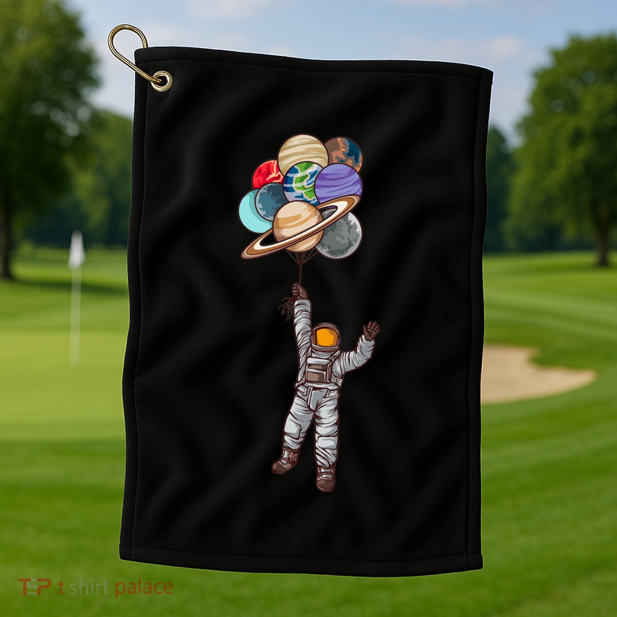 Astronaut Flying Away On Balloons Golf Towel