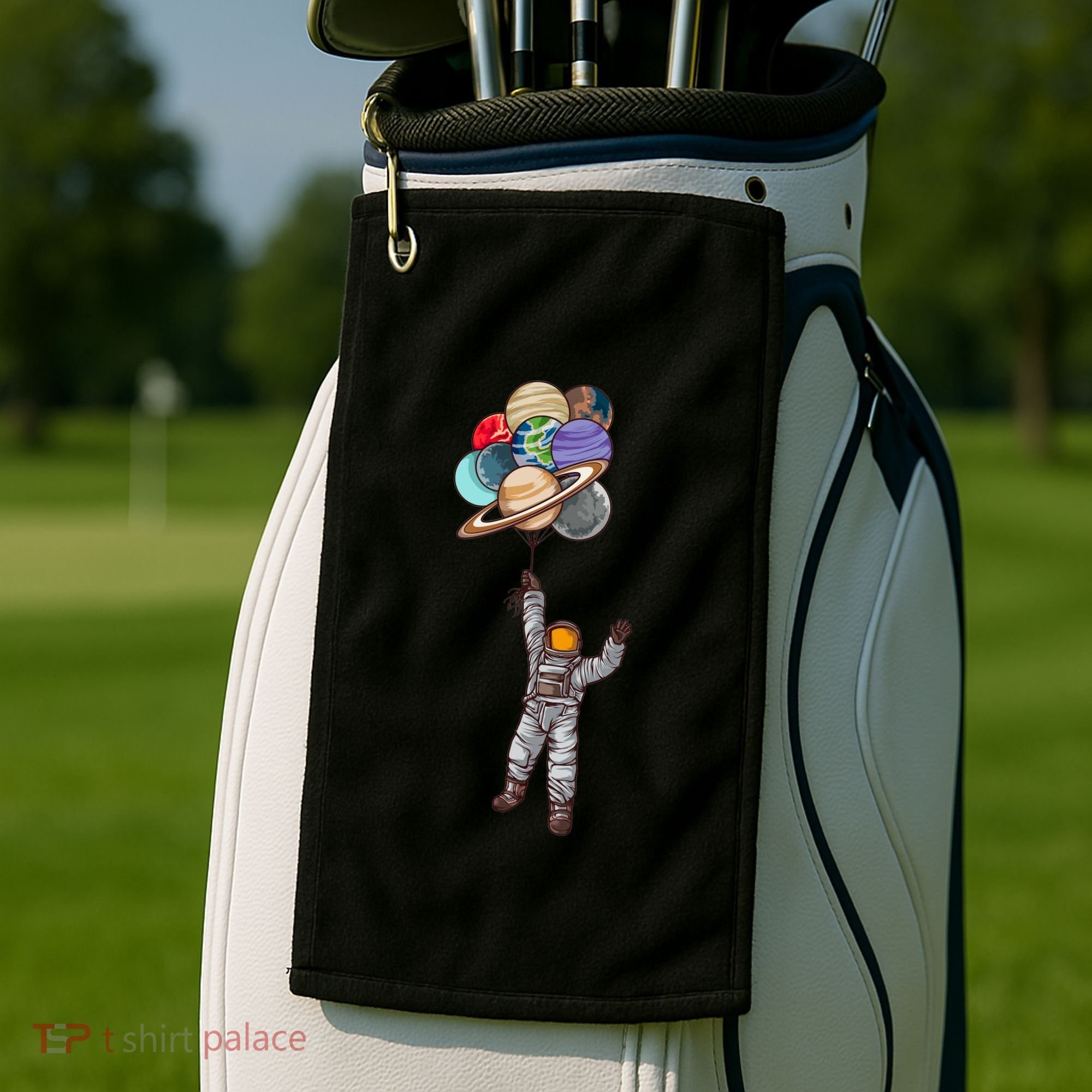 Astronaut Flying Away On Balloons Golf Towel