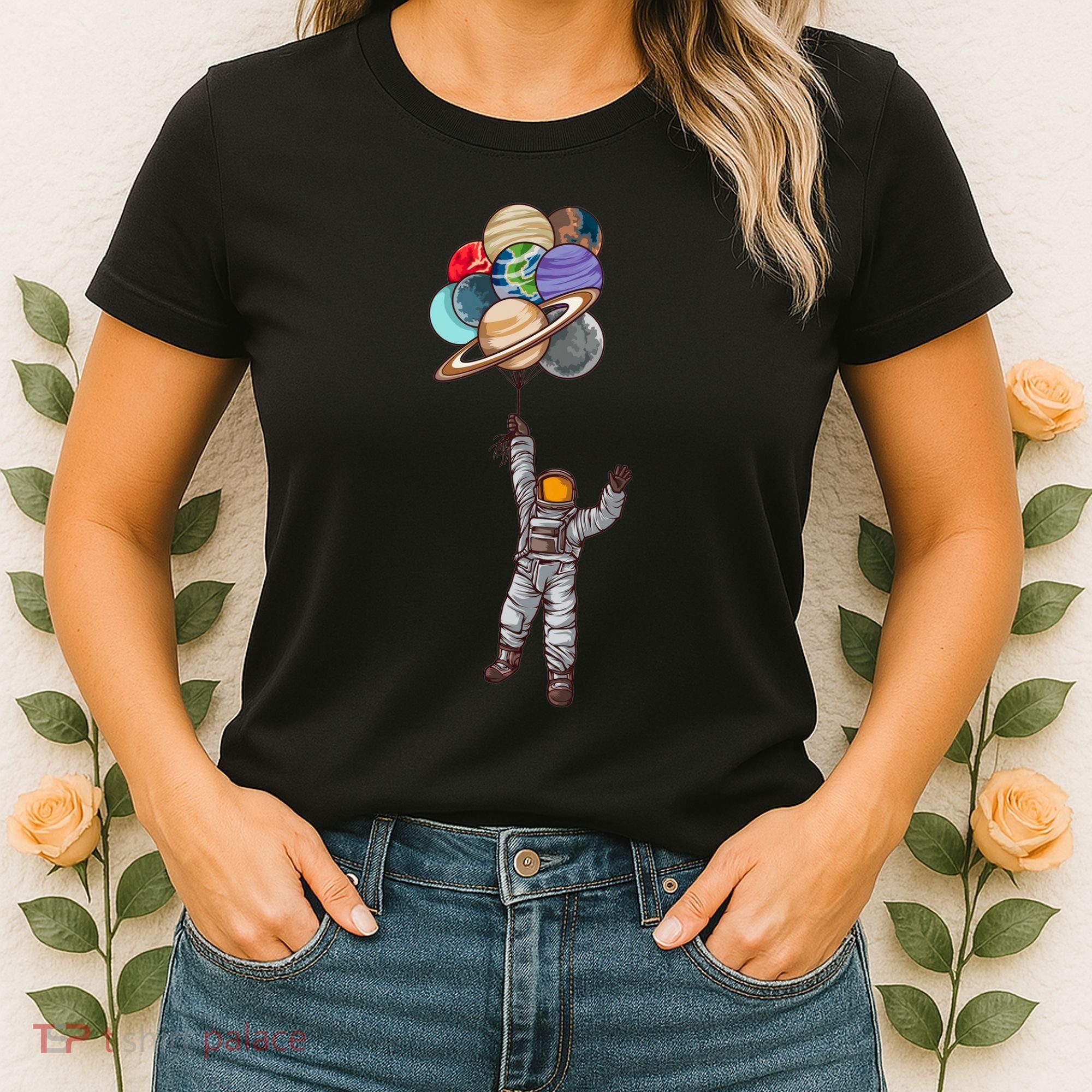 Astronaut Flying Away On Balloons Women's T-Shirt