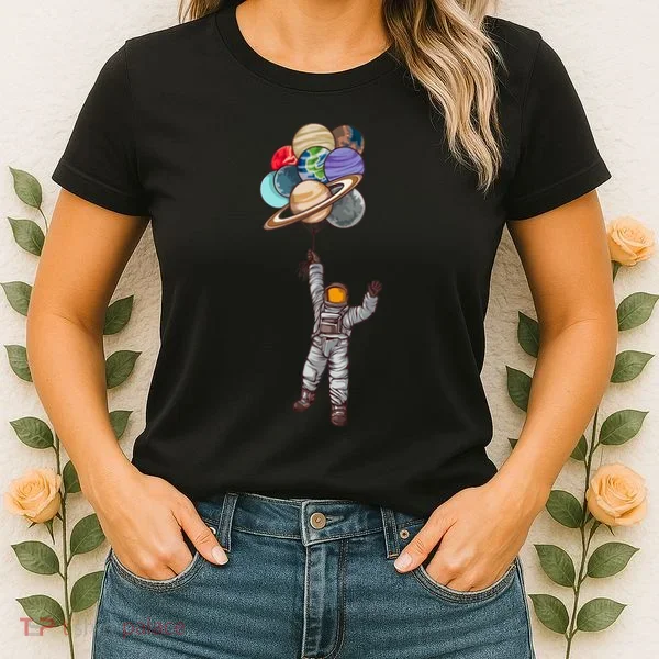 Astronaut Flying Away On Balloons Women's T-Shirt