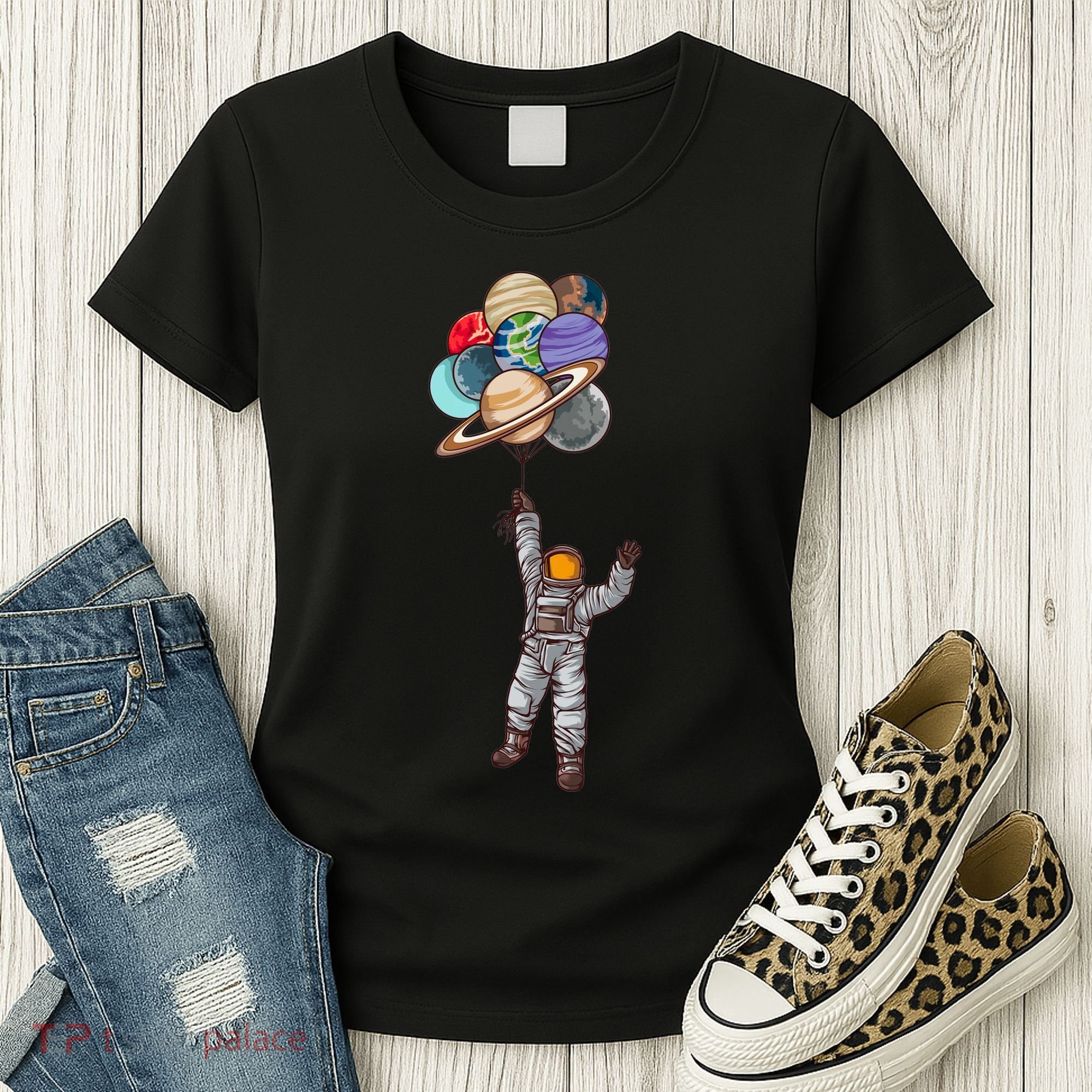 Astronaut Flying Away On Balloons Women's T-Shirt