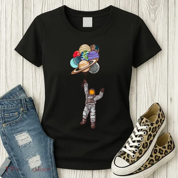 Astronaut Flying Away On Balloons Women's T-Shirt