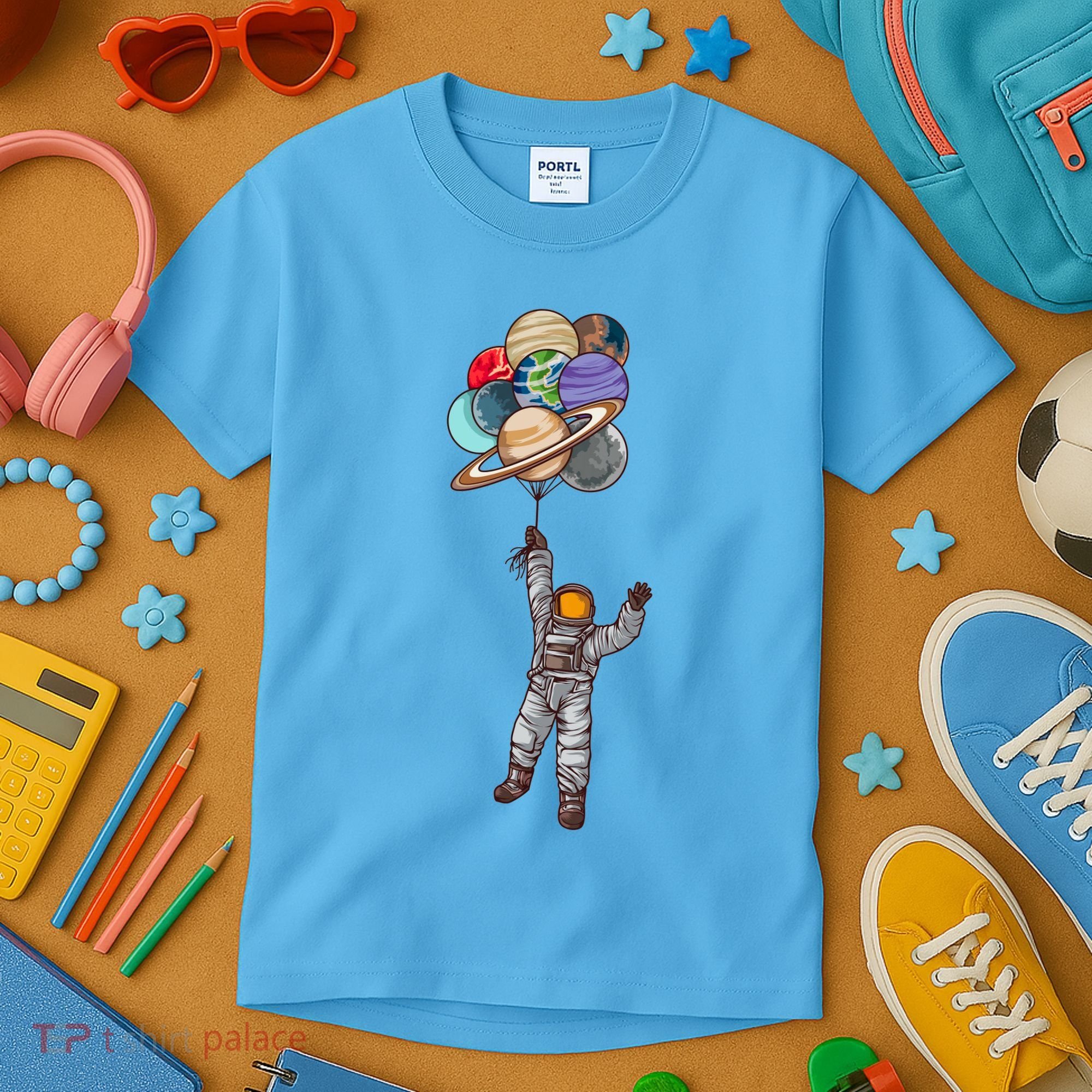 Astronaut Flying Away On Balloons Kids T-Shirt