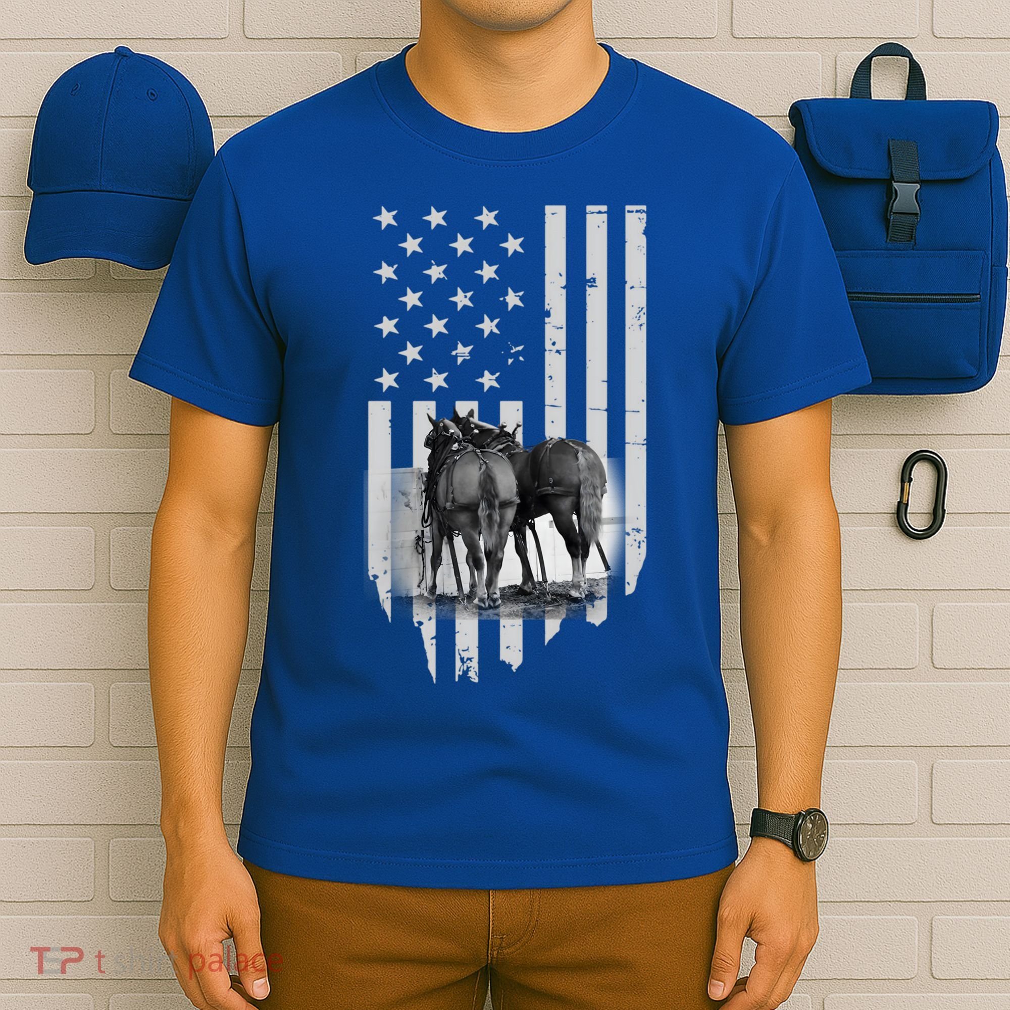 American Flag Belgian Draft Horses Gift For Farmer Meaningful Gift T-Shirt