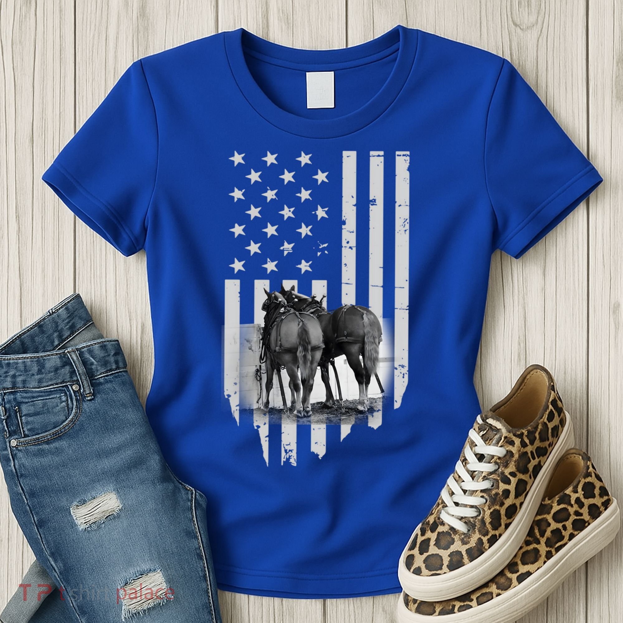 American Flag Belgian Draft Horses Gift For Farmer Meaningful Gift Women's T-Shirt
